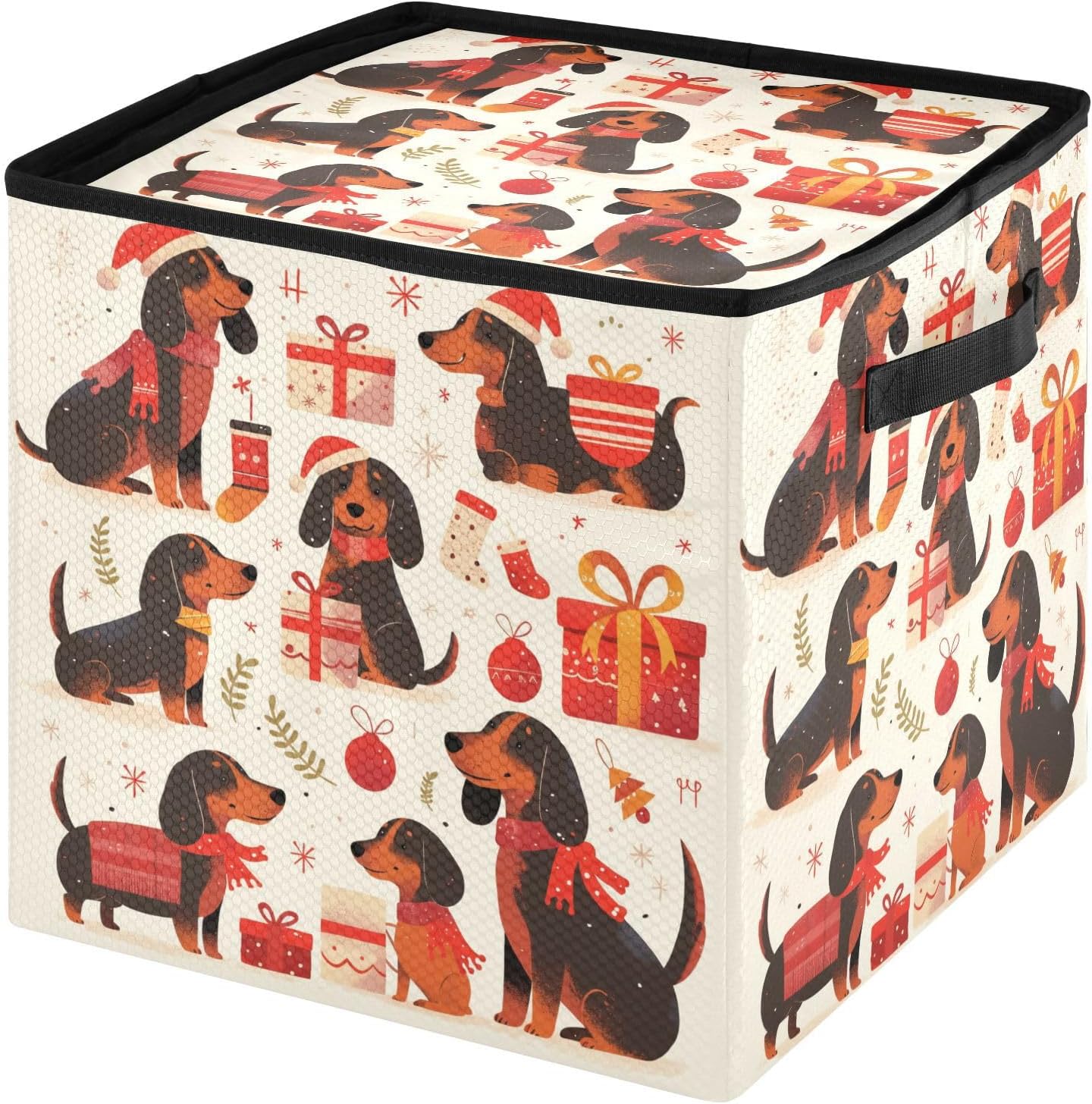 High Capacity Christmas large ornament storage Holds Up to 64, Adjustable Dividers handy Holiday Storage Case with Lid,Cartoon Cute Christmas Dachshunds Dogs
