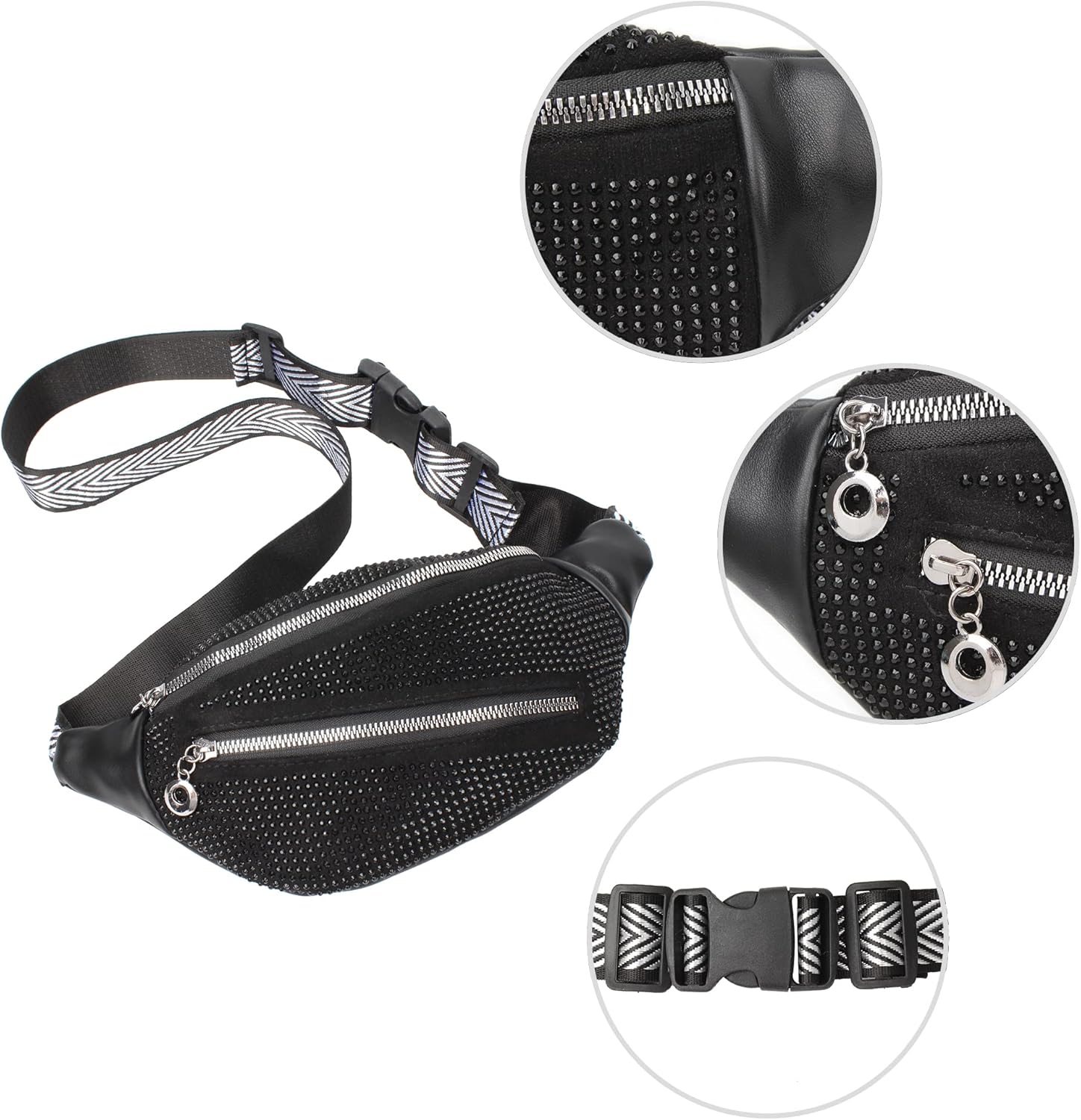 ZLM BAG US Dazzling Rhinestones Fanny Pack Slide Zip Waist Pack Chest Bag Phone Purse Wide Straps Crossbody Shoulder Bag - Image 3