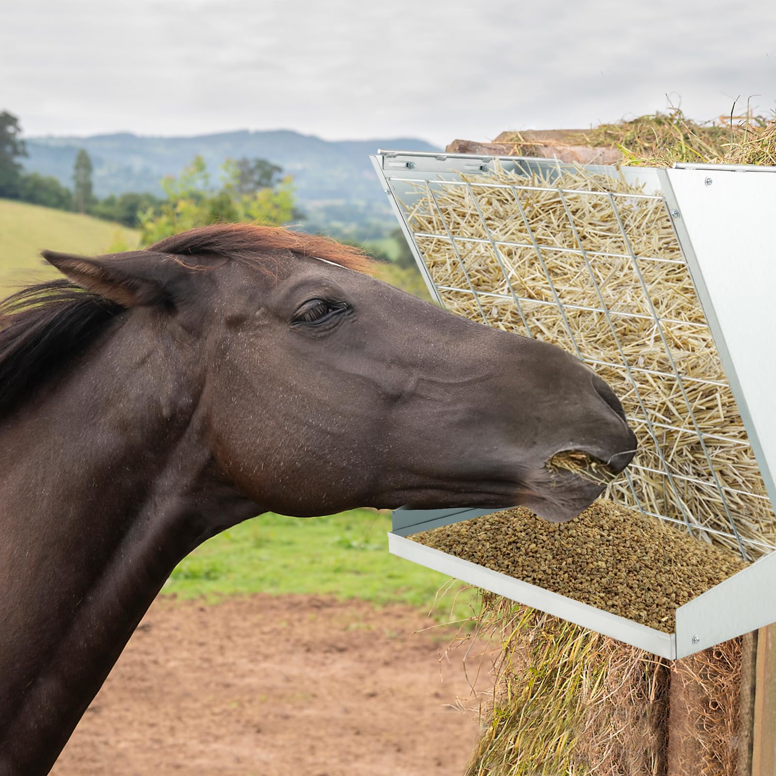 COSTWAY Mangime per Fieno a Parete 83L, Mangiatoia 2-in-1 per Fieno e Cereali in Metallo Zincato con Distanza Regolabile, Rete a Maglia e Vassoio,Mangiatoia per Cavalli, Pecore, Mucche e Maiali
