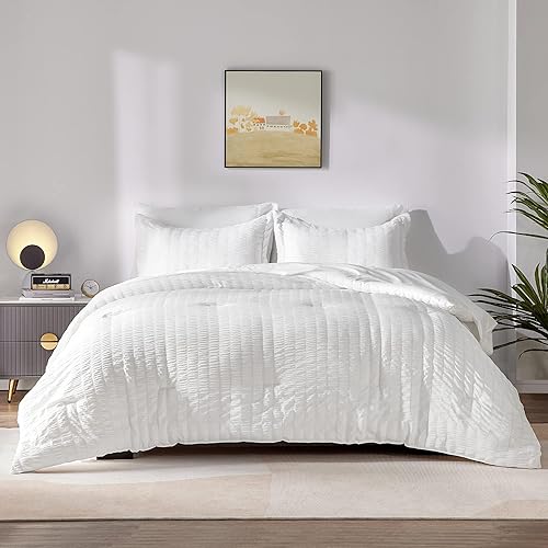 Miniatura 7 de CozyLux Juego de edredón de sirsaca tamaño California King con sábanas, ropa de cama blanca en una bolsa, 7 piezas, juegos de ropa de cama tamaño