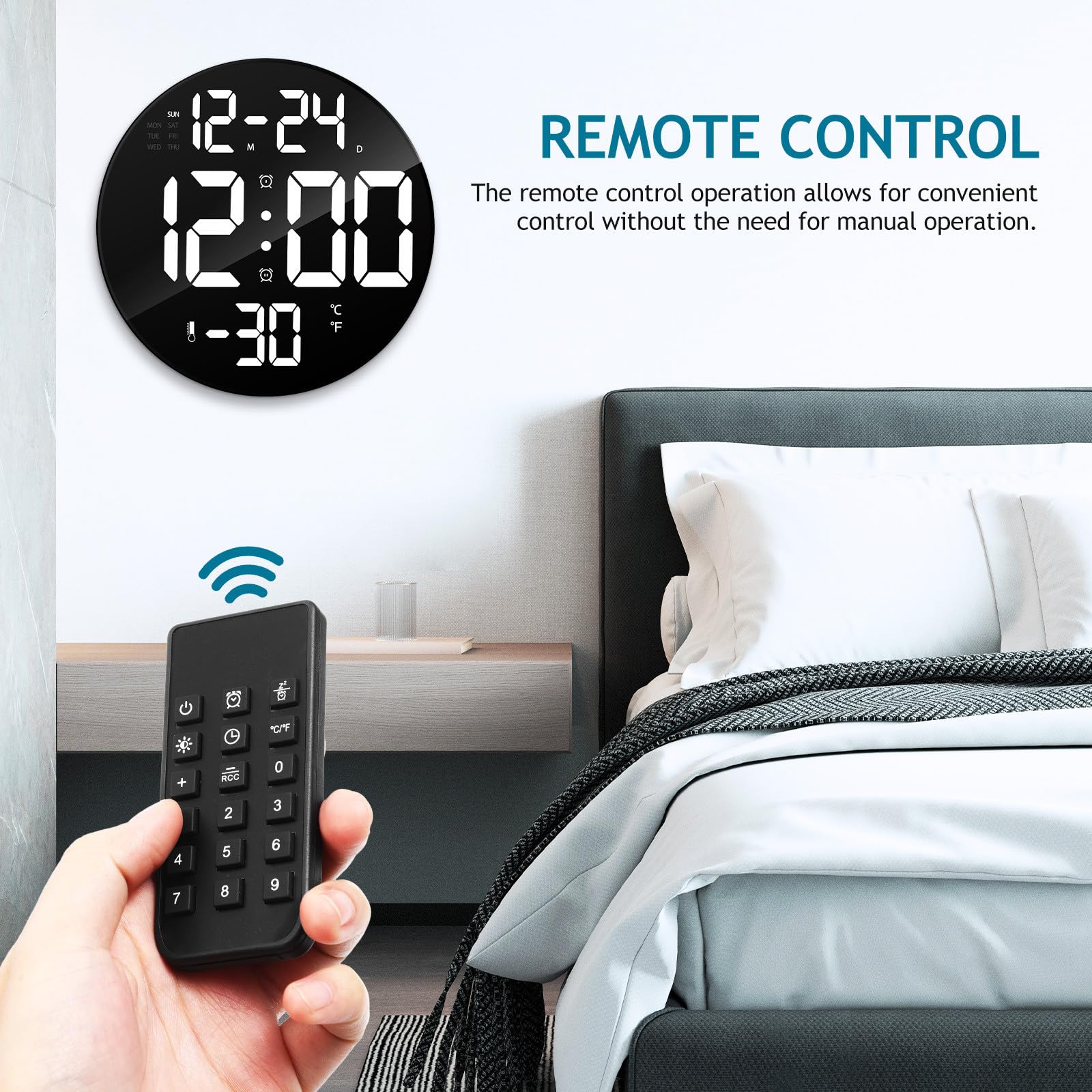 UPKOCH LED Digitale Wanduhr Rund aus Kunststoff mit Fernbedienung und Abnehmbarem Ständer Große Anzeige Duale Platzierung für Schlafzimmer und Wohnzimmer