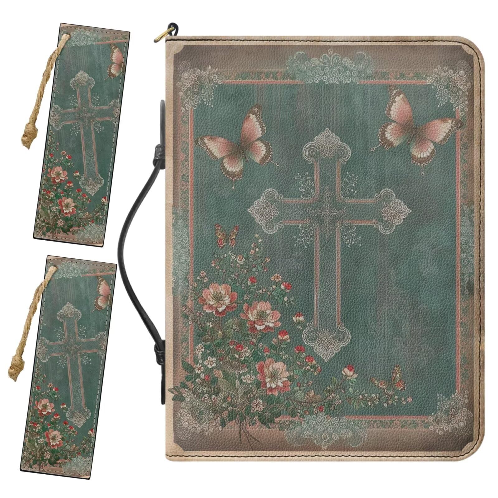 Drnuikhe Small Bible Bag for Girls, Green Bible Cover Comes with 2 Bookmarks, Boho Crucifix Print PU Leather Bible Protecto with Inner Pockets and Pen Loop, Bible Study Supplies for Girls