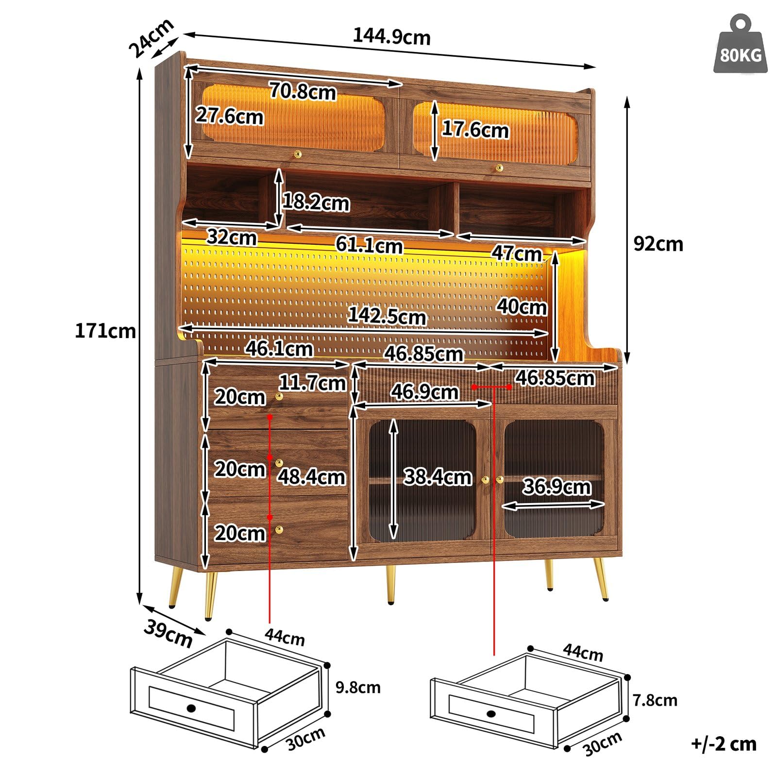 KOMHTOM Buffet Haut Cuisine 145x39x171 cm, LED RGB, Noyer
