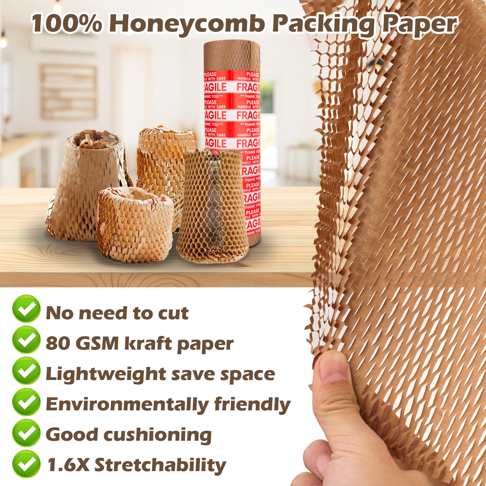 Rollo de papel de panal de abeja 38 cm x 70 m, Papel de embalaje marrón con 36 etiquetas adhesivas para artículos frágiles, alternativa al papel burbuja, para envolver regalos y artículos frágiles