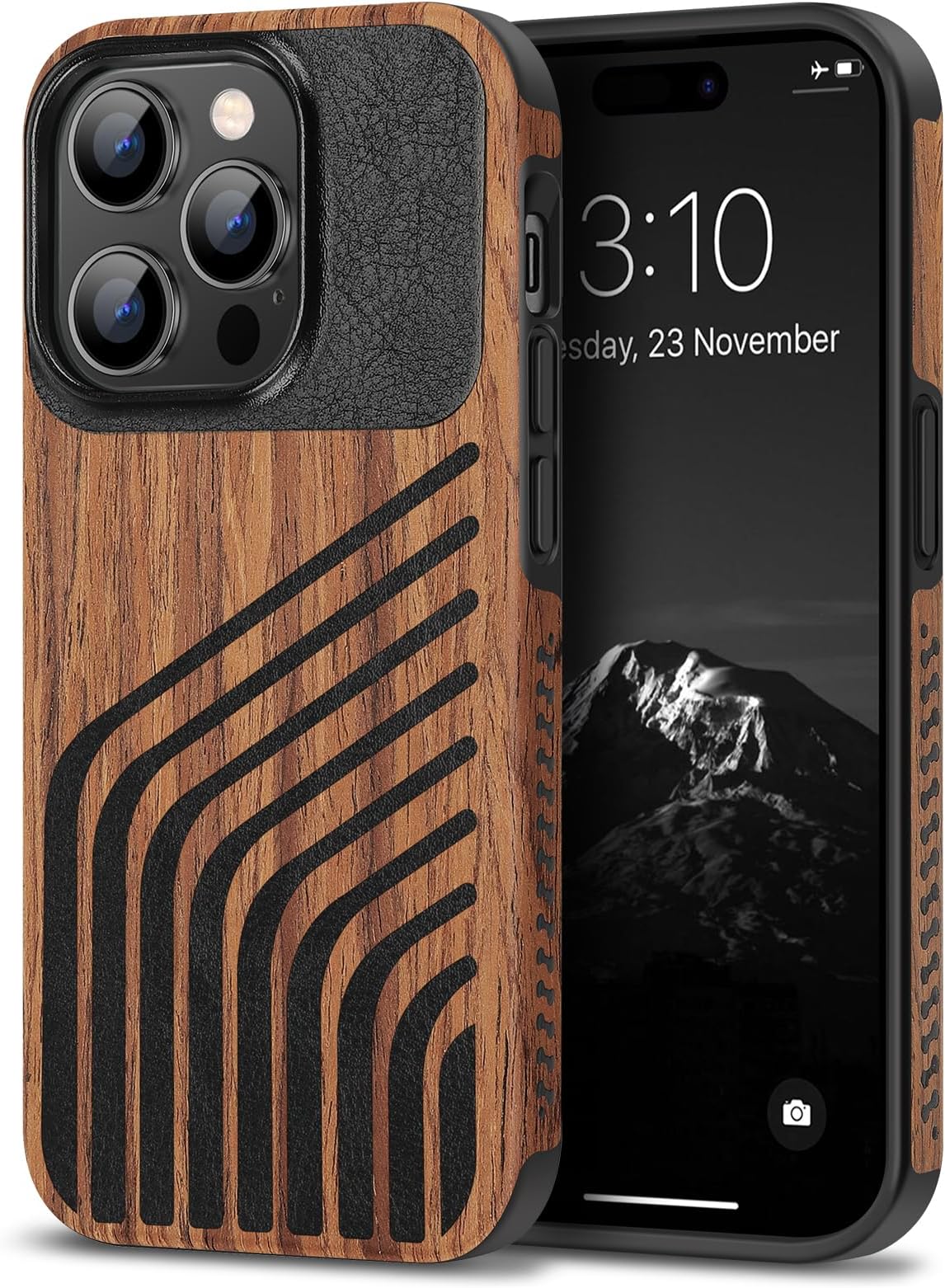 TENDLIN Compatible with iPhone 14 Pro Max Case Wood Grain with Carbon Fiber Texture Design Leather Hybrid Slim Case (Hairline)