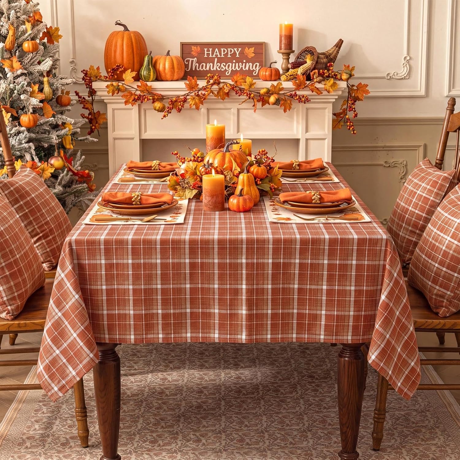 Softalker Fall Checkered Tablecloth Rectangle, Orange, 54 x 80 Inch | Thanksgiving Linen Cotton Gingham Flannel Table Cloth, Autumn Farmhouse Plaid Table Cover for Dining Party Holiday Decor