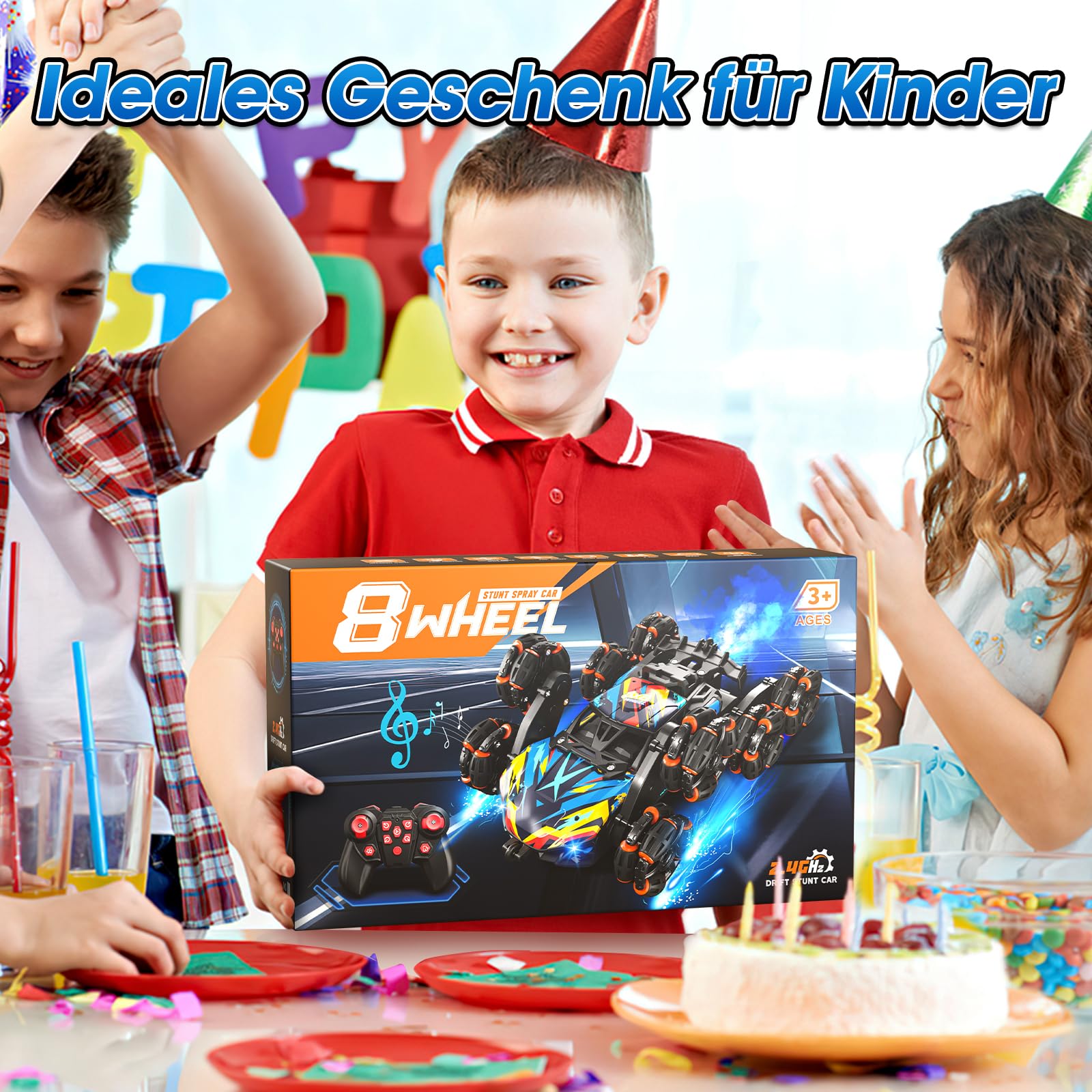 Ferngesteuertes Auto, 8WD RC Drift mit Handsteuerung, RC Stunt mit LED Licht, Musik und Spray, Ferngesteuertes Spielzeug Geschenk ab 3 4 5 6 7 8 9 10 11 12 Jahre Jungen, Coole Auto Kinder Spielzeug
