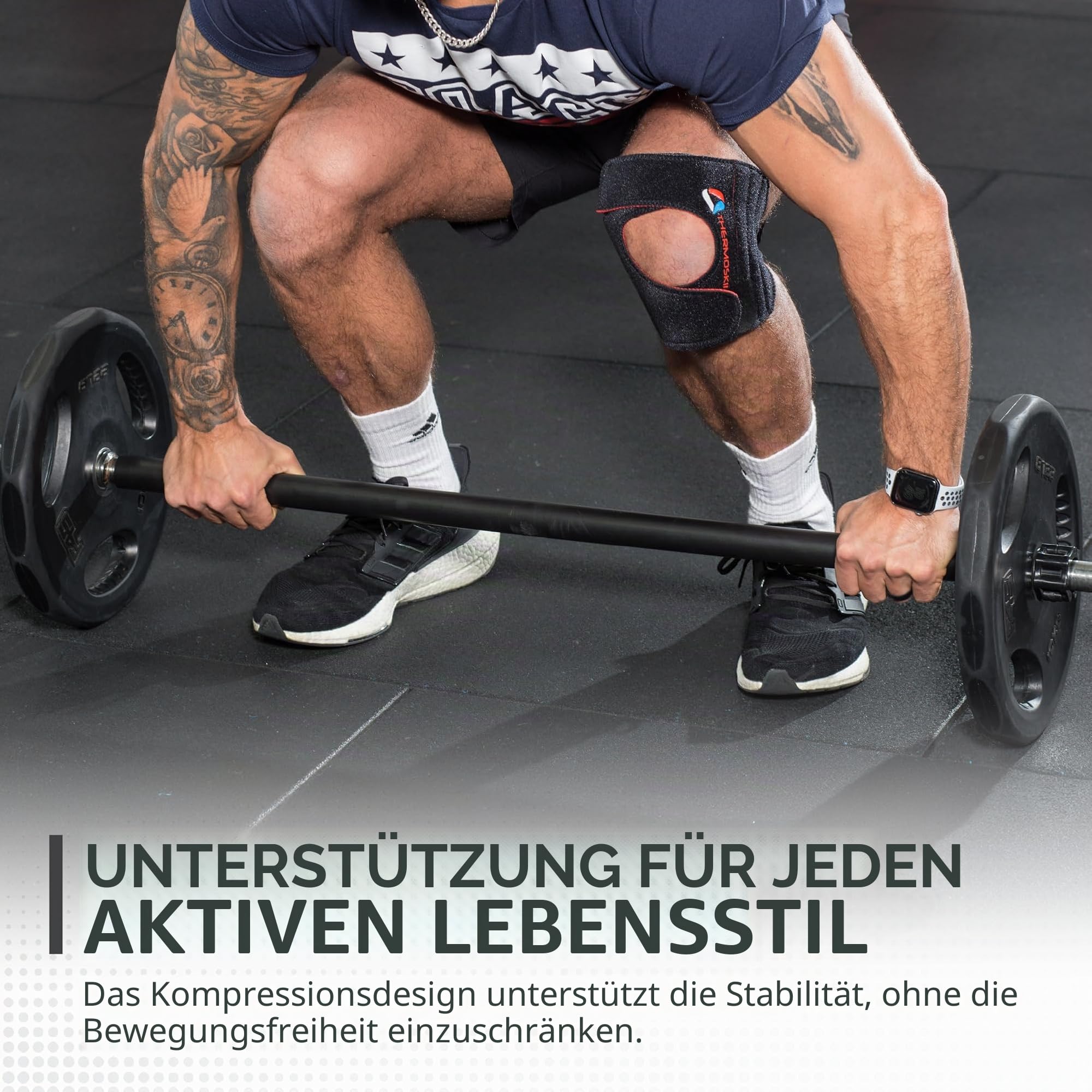 Thermoskin Sports Kniebandage verstellbar mit Seitenstabilisatoren, Kniestütze Damen und Herren, Patellasehnenbandage Jumperband, Kompression und Wärme beim Sport, Schwarz