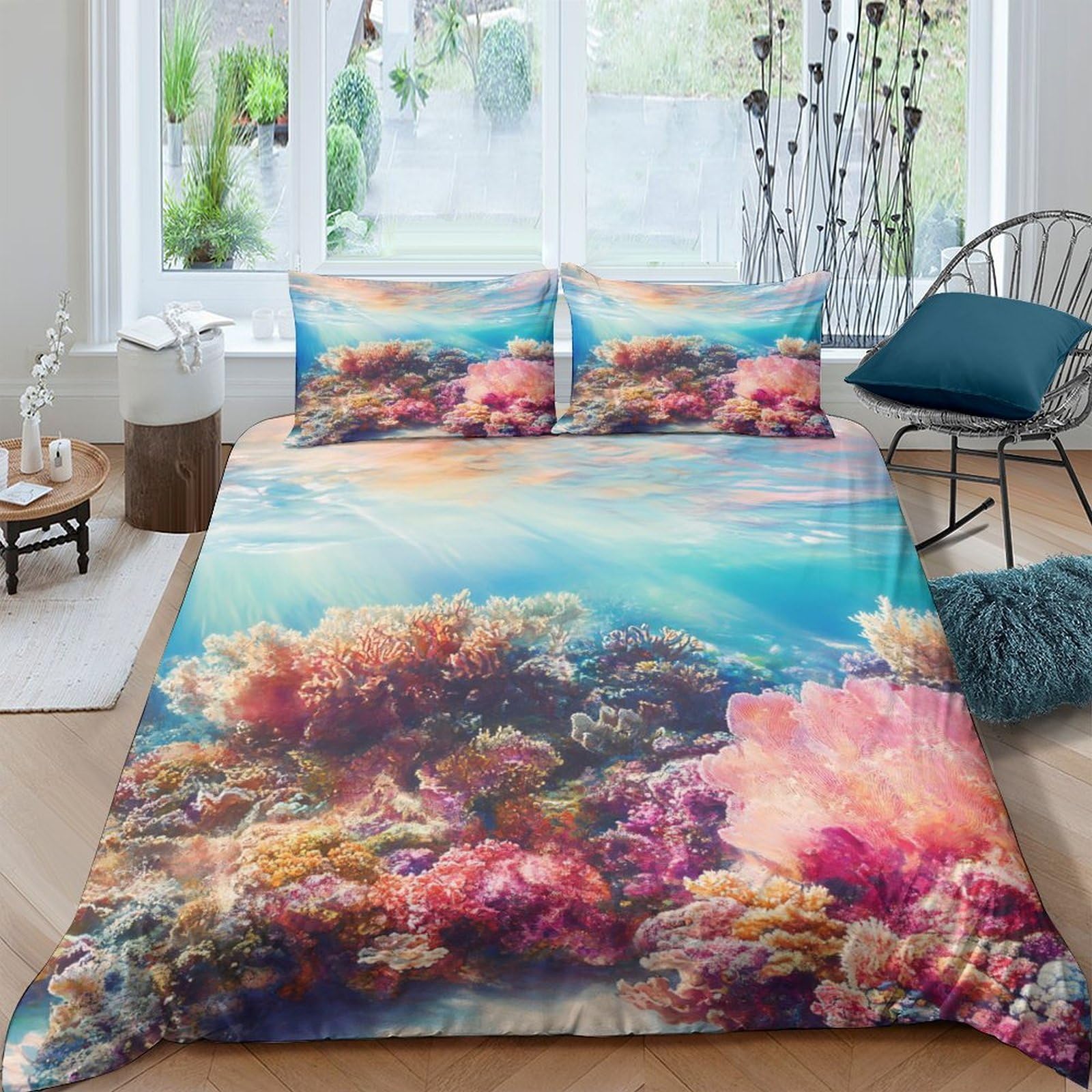 Ctjqhvkz Style-6 3D Printed Underwater Coral Reef Fitted Sheet Microfiber Soft Breathable Ocean Sunset Bed Cover For Bedroom Dorm Decor Single（135X200cm）