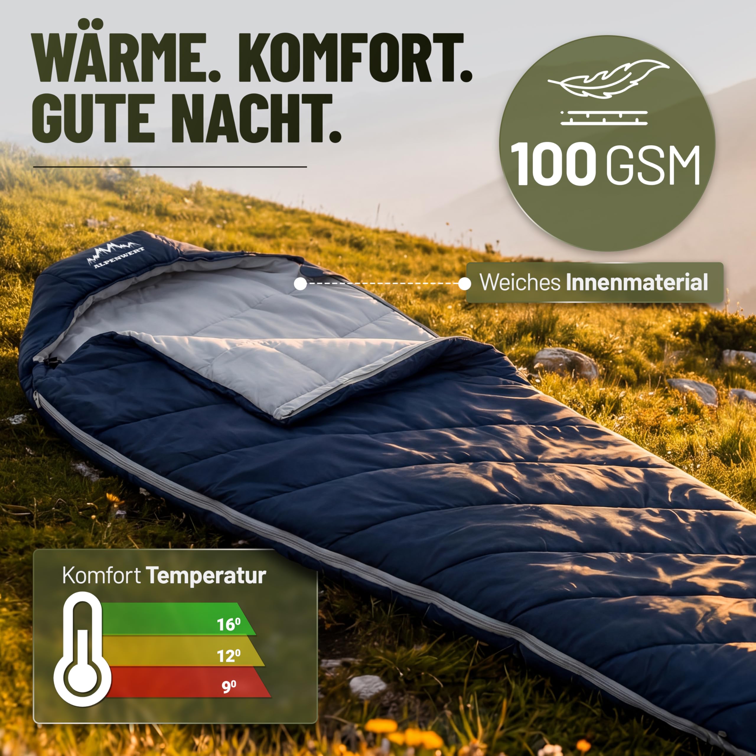 ALPENWERT® Schlafsack Sommer Ultraleicht & klein [17x27cm Packmaß] – Wasserabweisend, YKK Reißverschluss, Kältebrücke & Einklemmschutz – Perfekt für Camping & Festival