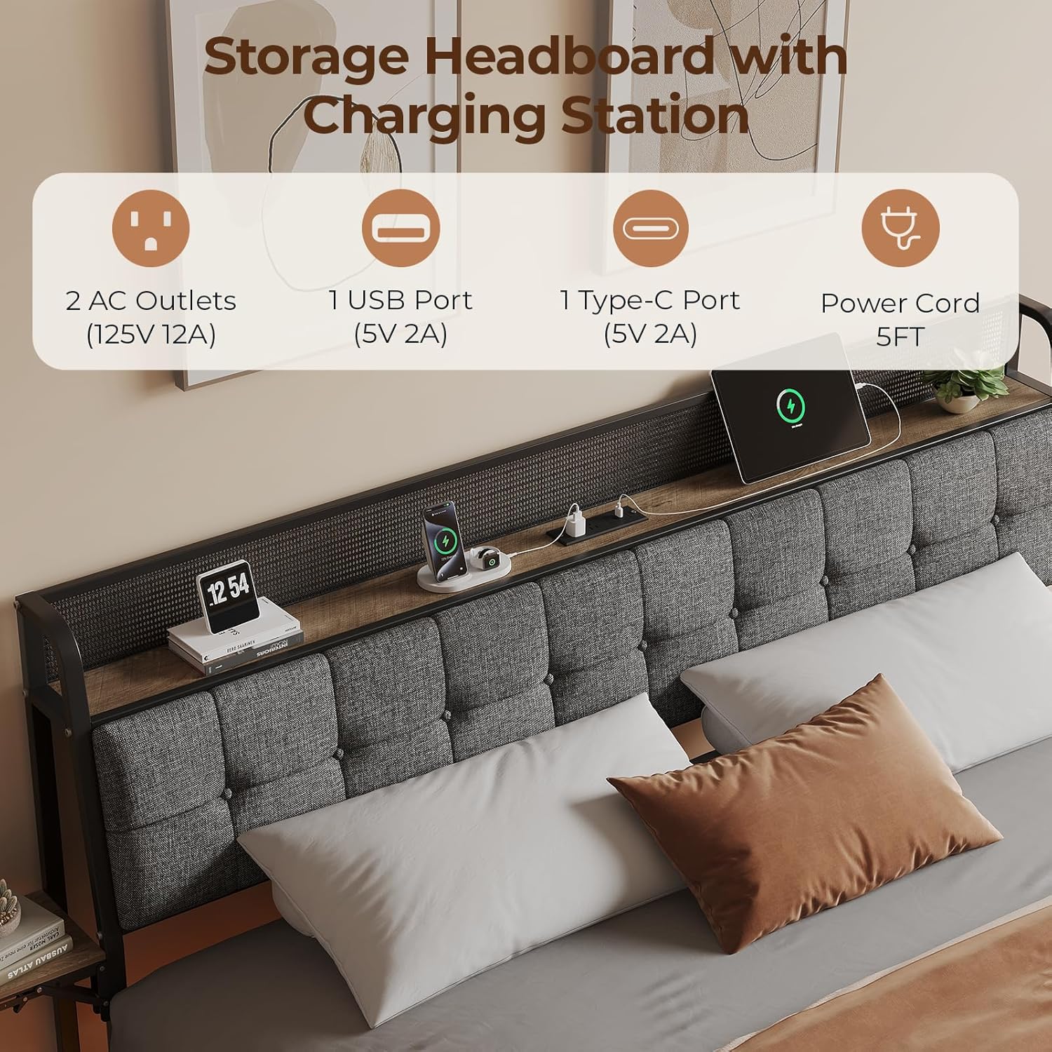 Queen Floating Bed Frame with LED & Charging Station, Ergonomic Upholstered Headboard with Folding Shelves Storage, Metal Slats Support, No Box Spring Needed, Easy Assembly, Noise-Free, Grey