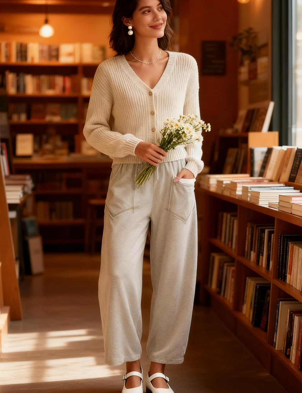 Womens Barrel Pants Wide Leg Drawstring Sweatpant Casual Baggy Palazzo Pants with Pockets - Image 2