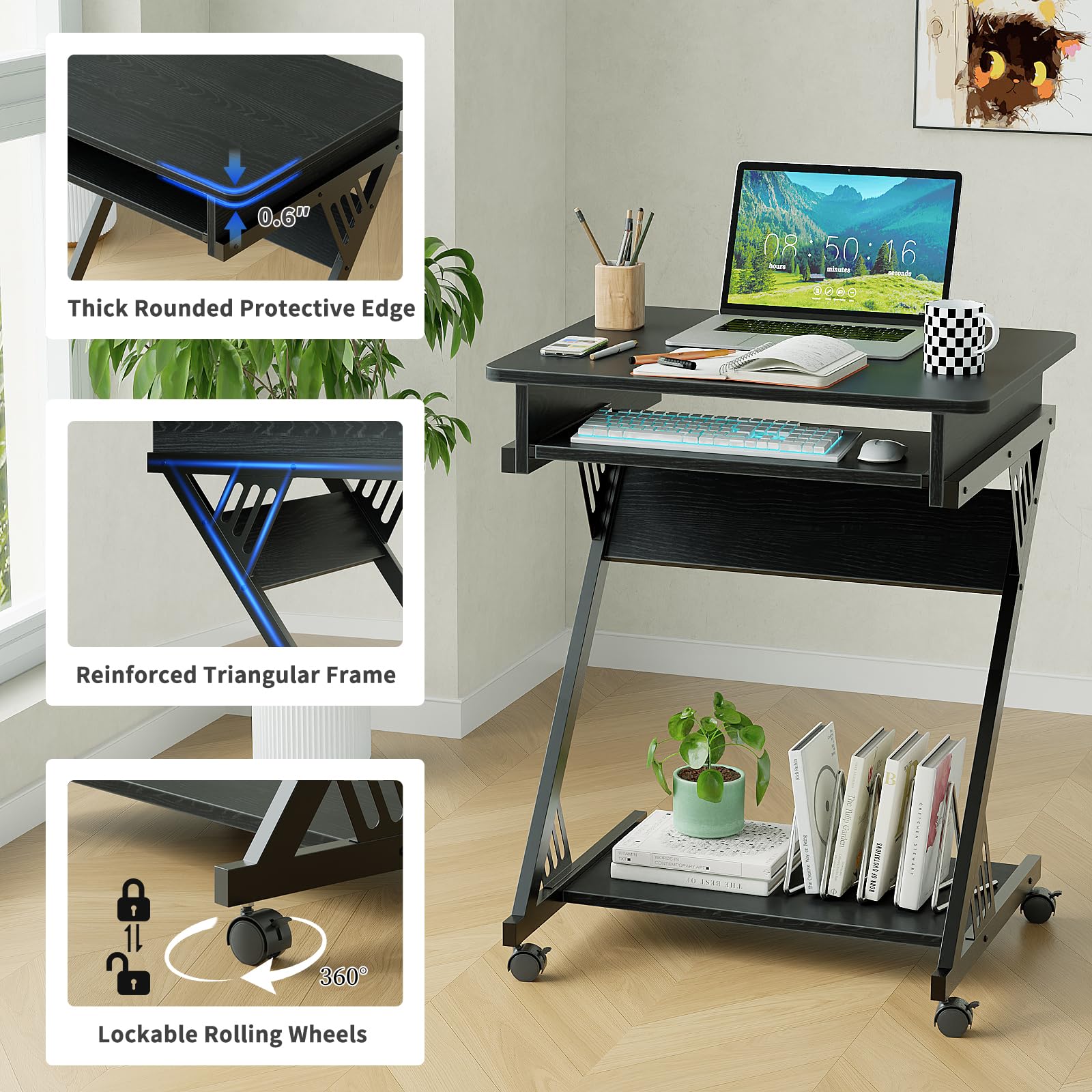 ALISENED Computertisch für kleine Räume, 59,9 cm, Z-förmig, kompakter Arbeitstisch mit glatter Tastaturablage, mit Rollen und unteren Ablagen für Zuhause, Büro, Computerwagen, mobiler Laptopwagen
