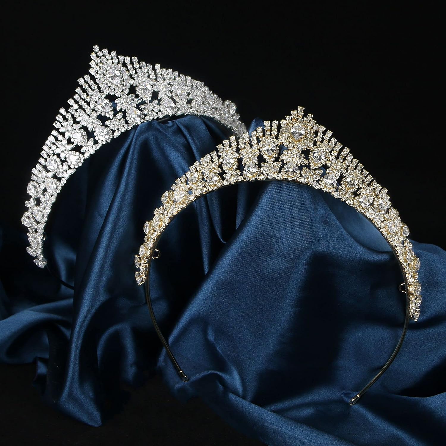 QXMYOO Luxury Cubic Zirconia Wedding Crowns Pointed Sweet 16 Tiaras Pageant Prom Quinceanera Birthday Big Headpiece Silver Hair Accessories HB039