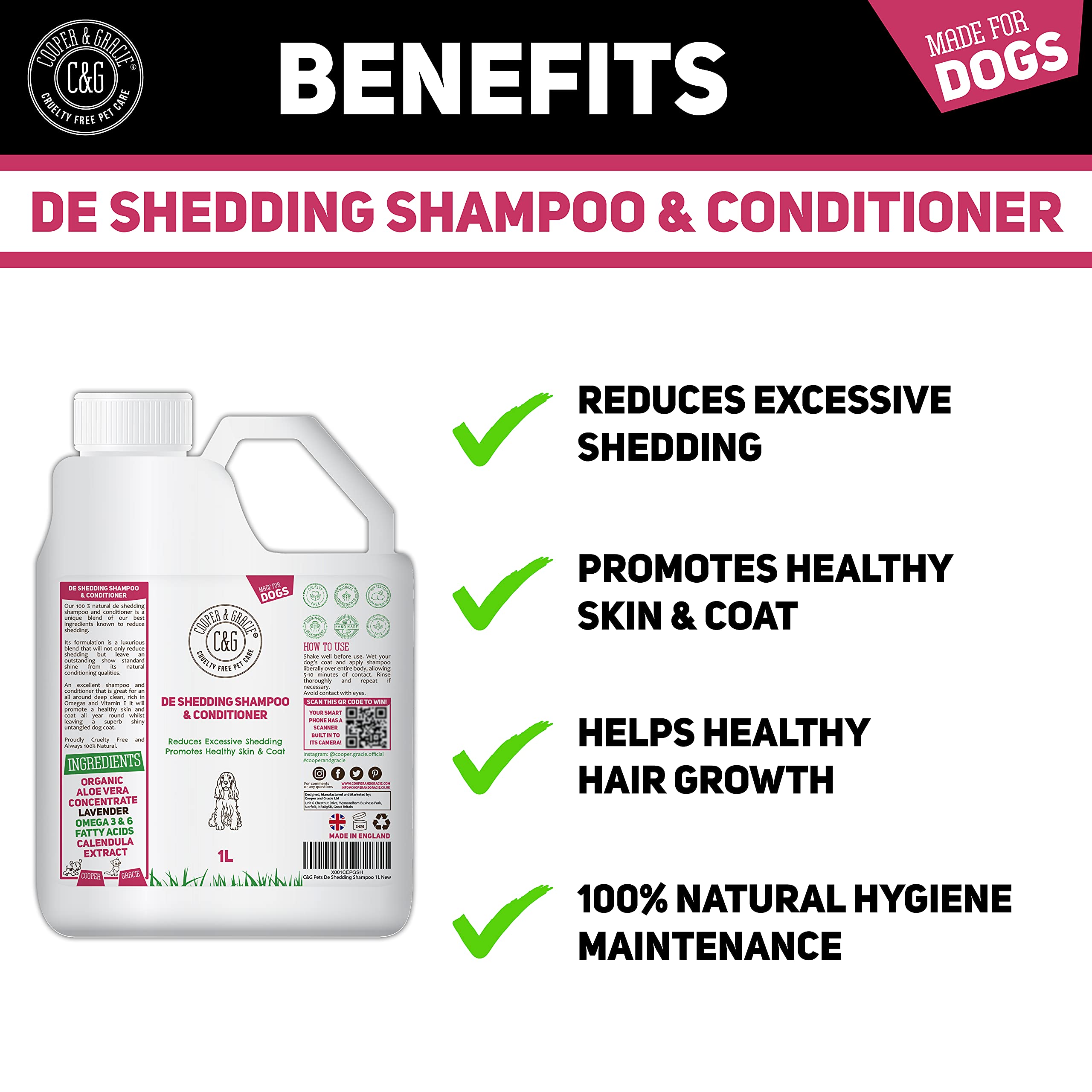 C&G Pets | De Shedding Shampoos & Conditioners für Hunde, 1 Liter, reduziert übermäßiges Ausfallen, fördert gesunde Haut und Fell, 100% natürliches Hundeshampoo und Conditioner, Standard-Glanz, Weiß