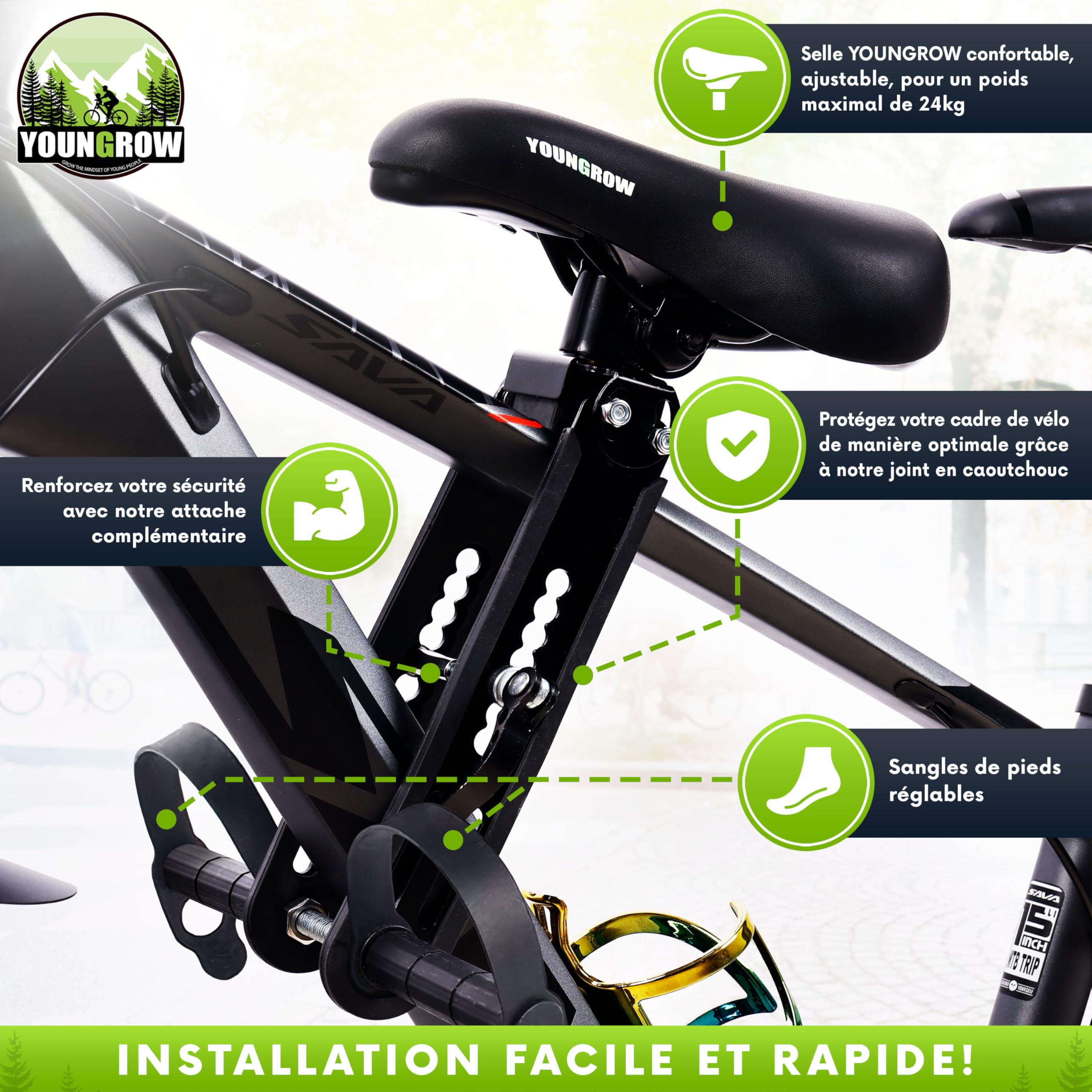 YOUNGROW | Siege Velo Enfant Avant | La Selle Velo Enfant est Compatible avec Les VTT, pour Les Enfants de 2 à 6 Ans pour Un Poids Maximal de 24kg - Siege Enfant Velo Confortable