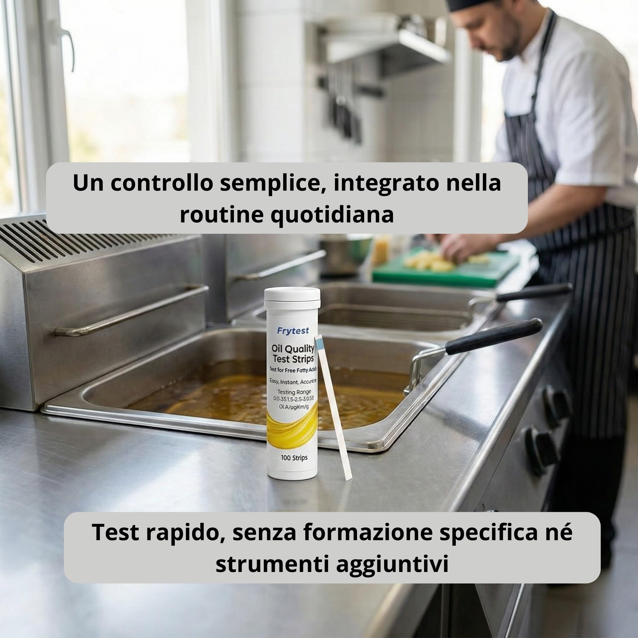 Strisce Test Olio Frittura FFA – Misuratore Acidità Olio (anche Olio di Oliva) – Controllo Qualità HACCP – 100 Strisce – Produzione Certificata ISO 9001