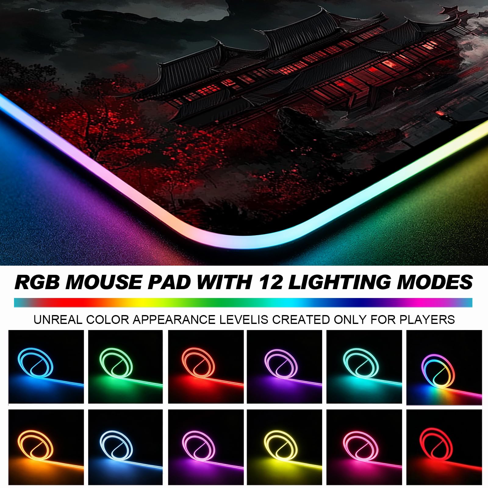 RGB - Tappetino da scrivania da gioco con luna piena, motivo: Lakescape giapponese, per tastiera del computer, grande, esteso, lungo, LED, per ufficio e casa, XL (W07)