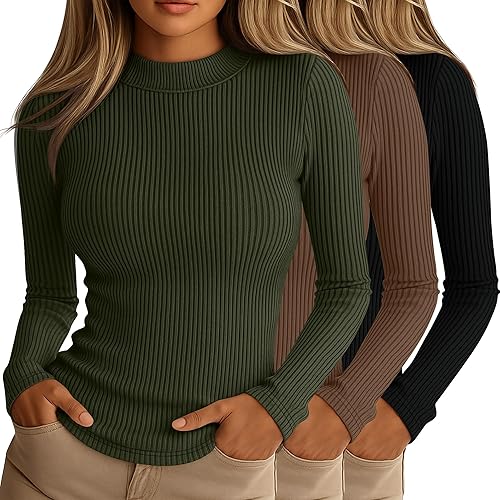 Riyiper 3 Pack Women's Ribbed Shirts, Mock Turtleneck Long Sleeve