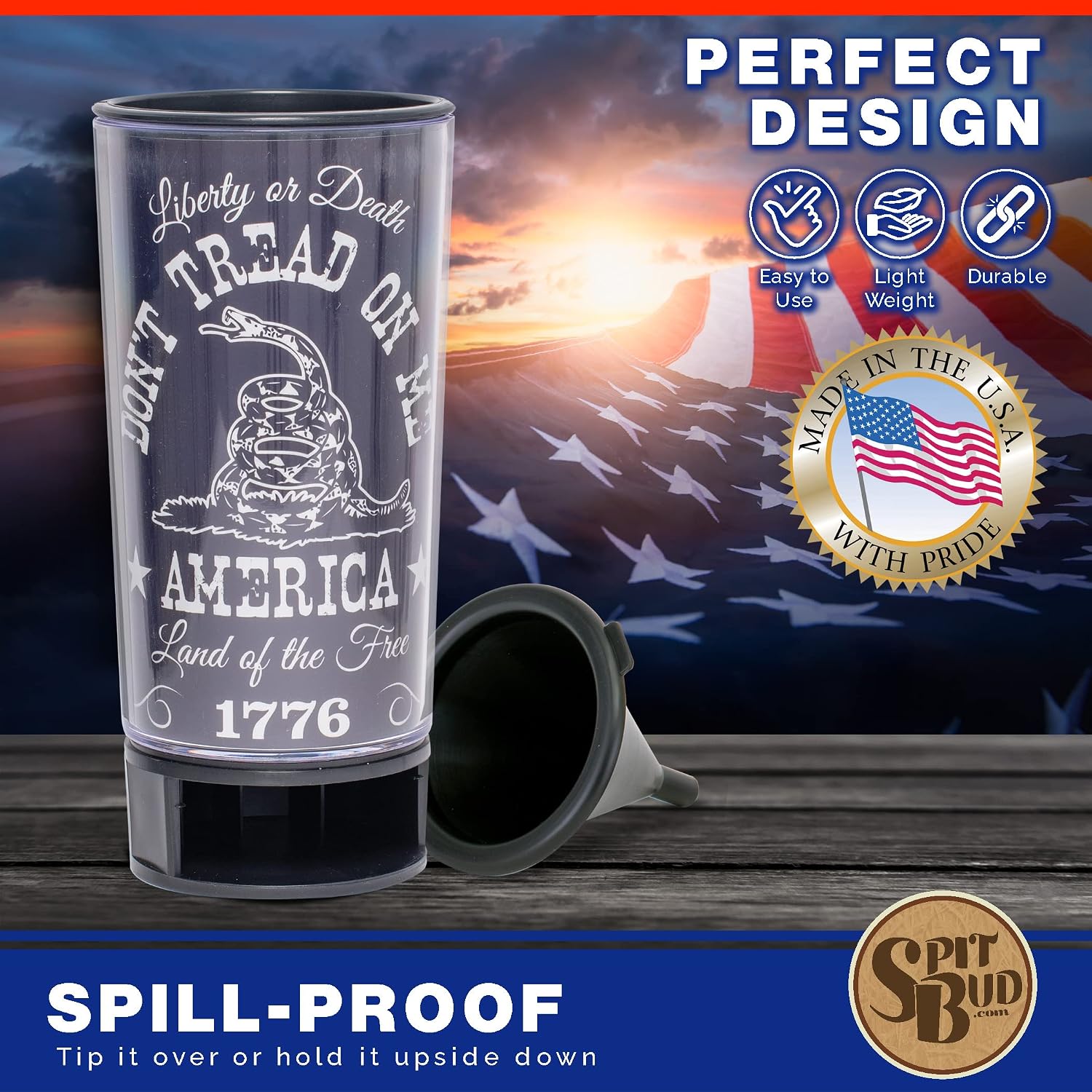 Spit Bud Liberty or Death The Ultimate Spittoon for Chew - Portable Dip & Snuff Cup with Lid, Pop Tab, Spill-Proof Funnel, Can Cutter & Holder - Fit in Cup Holders - Holds 8oz - Made in USA image 5