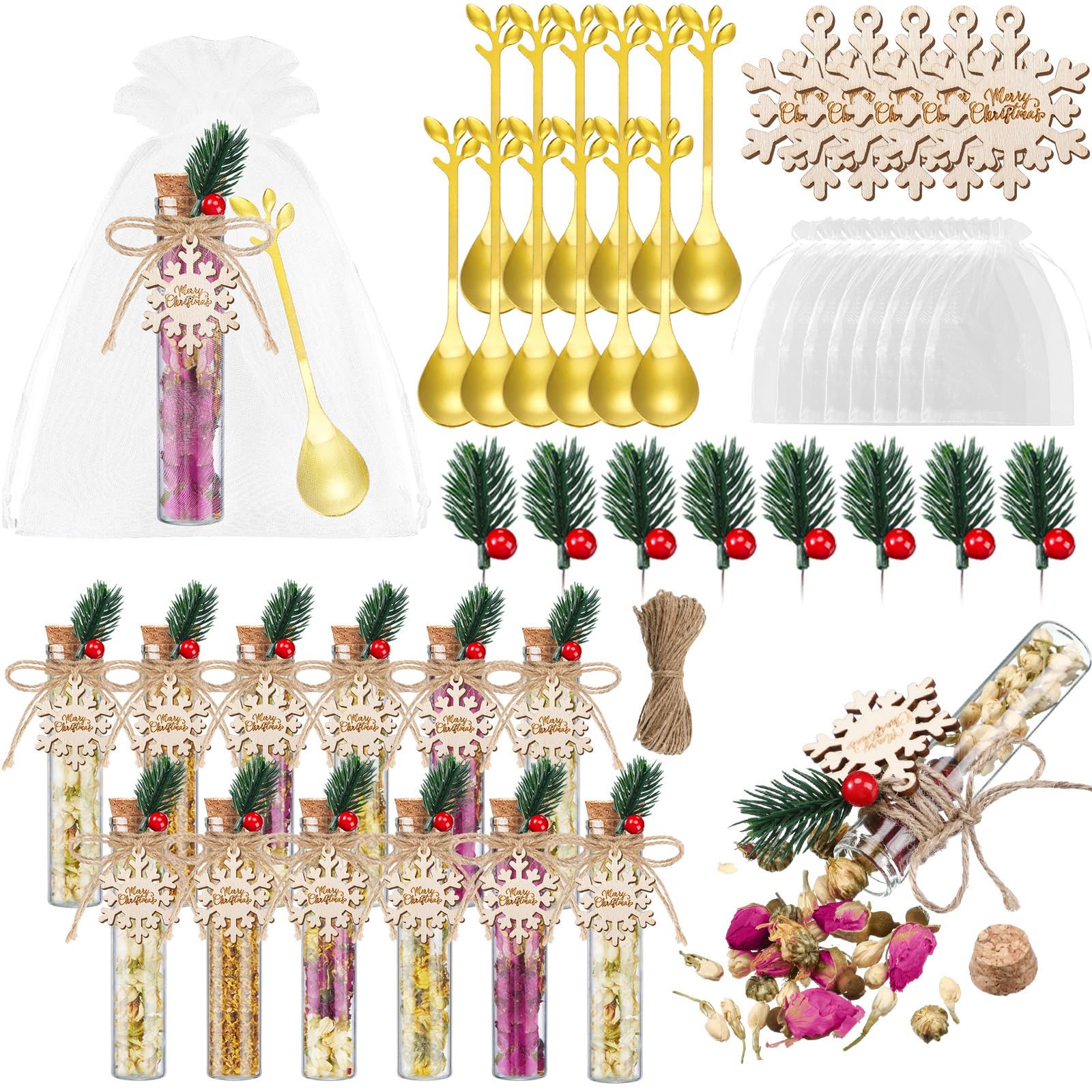 Nuogo Pack of 24 Christmas Tea Party Favors Bulk Christmas Tea Favors for Guests Bulk Gifts with 4.13'' Glass Tea Jar Stainless Steel Teaspoon Snowflake Gift Tag Organza Bag and Rope for Xmas Gift