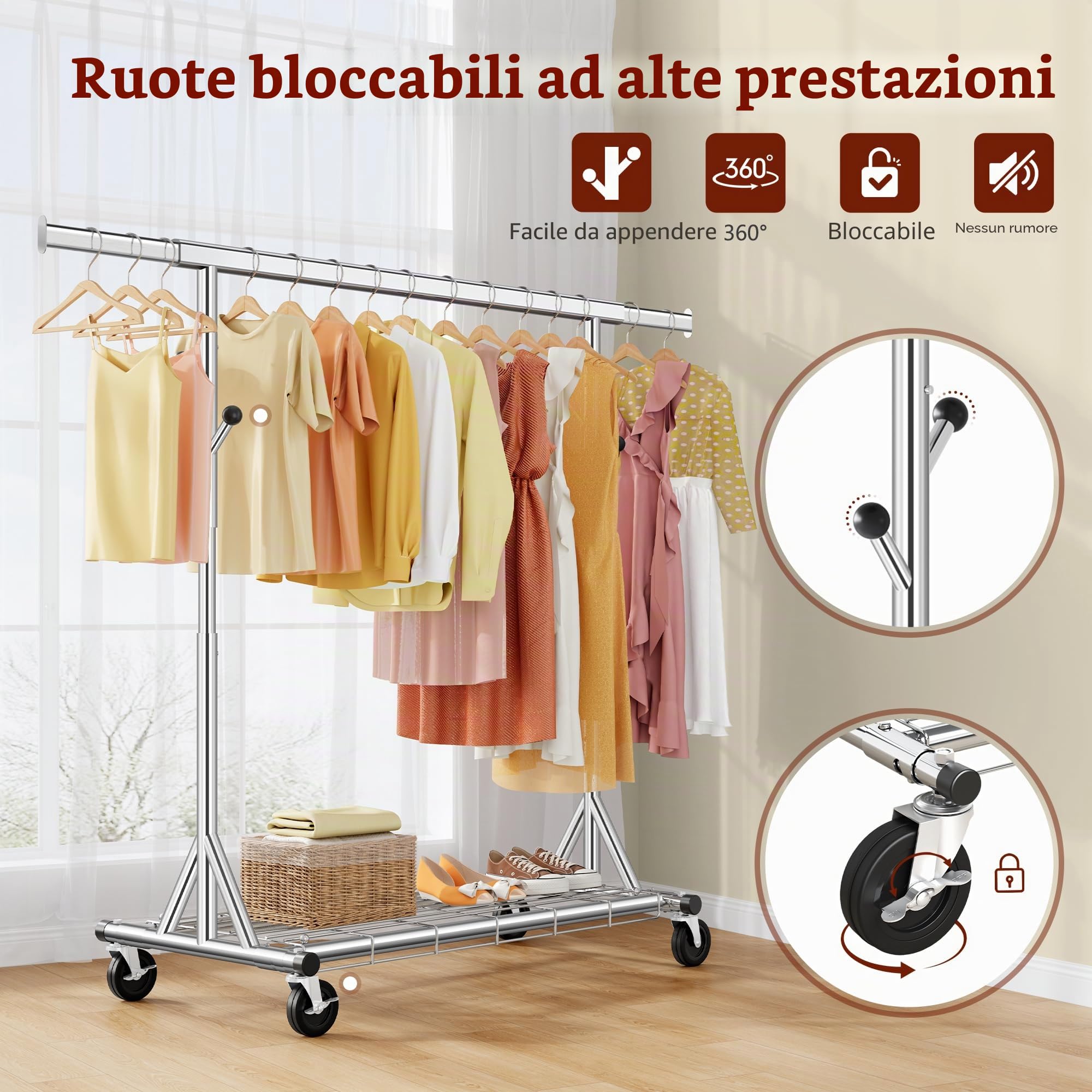FAVOOSTY Stand Appendiabiti con Ruote, Attaccapanni Estensibile per Carichi Pesanti, Portata Totale 200 kg - 50 x (106-176) x 170 cm, installazione rapida 1 minuto,Argento