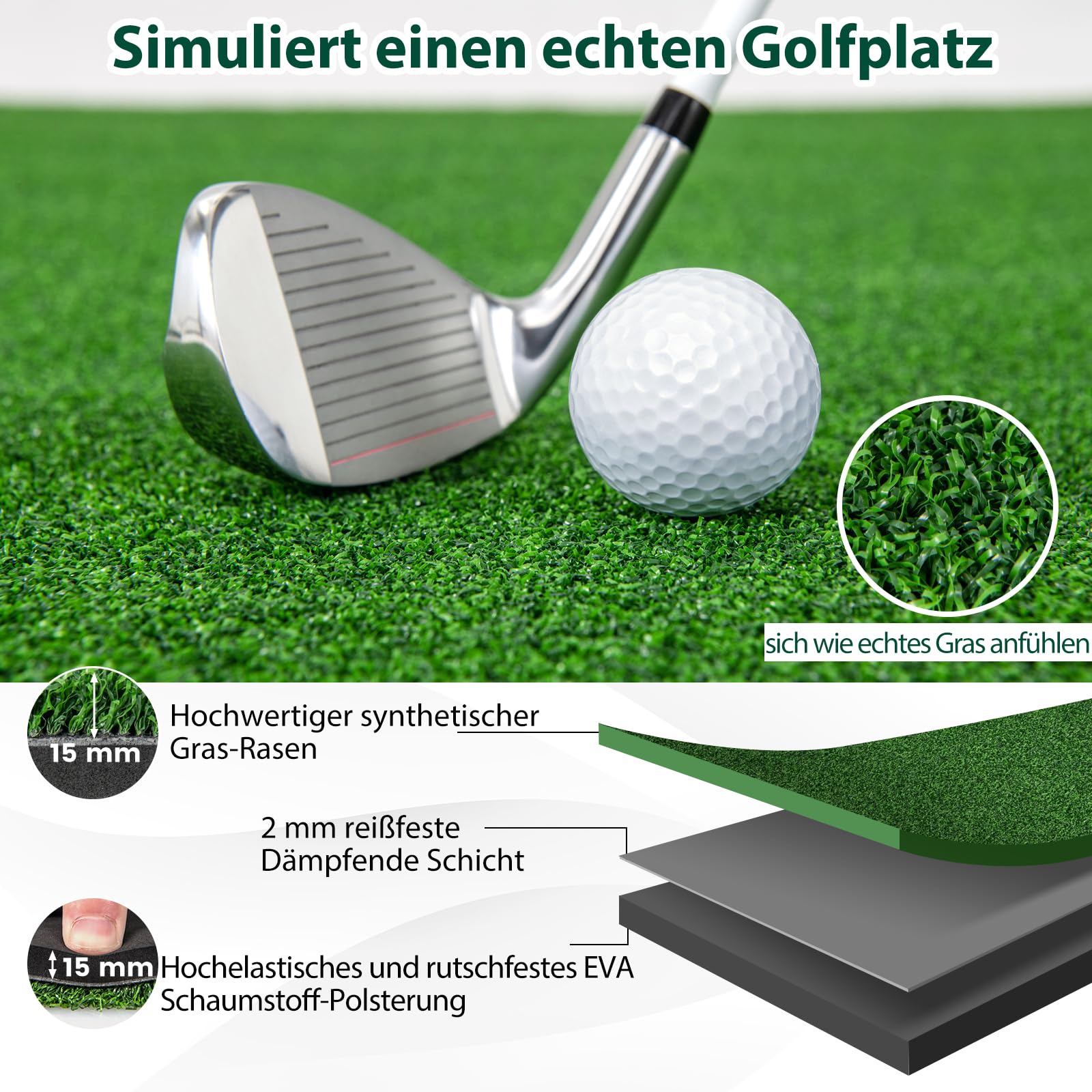 GOPLUS Tapete de Golf para Golpes, Tapete de Césped Artificial para Interior y Exterior, Alfombrilla de Golf con 2 Varillas de Alineación y 2 Tees para Amantes y Principiantes (152x117cm/27mm)