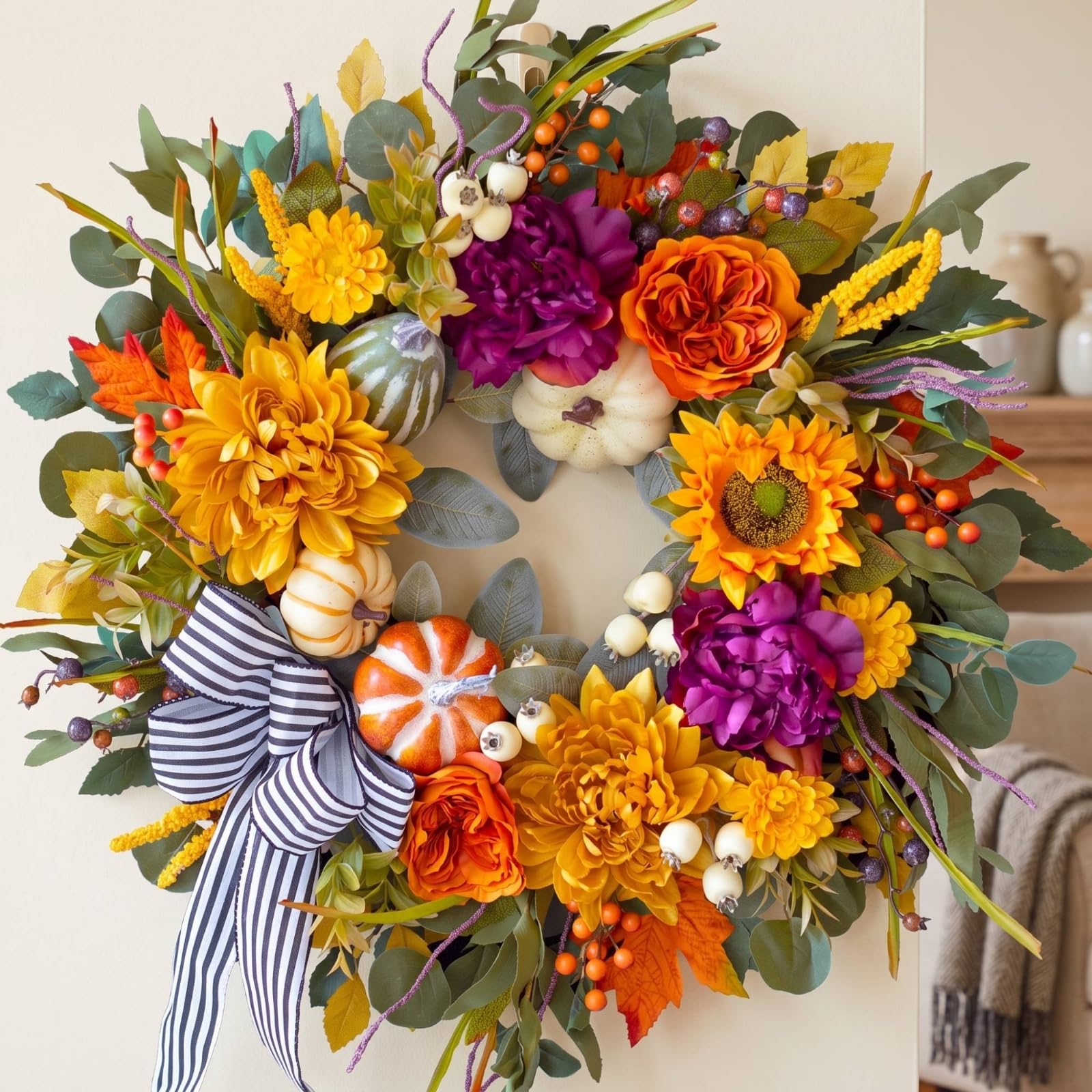 Ghirlanda Autunnale Durevole Ghirlanda con Nastro Decorativo Decorazione per Porta D'ingresso, 秋季花环, 45 CM / 18 Inch