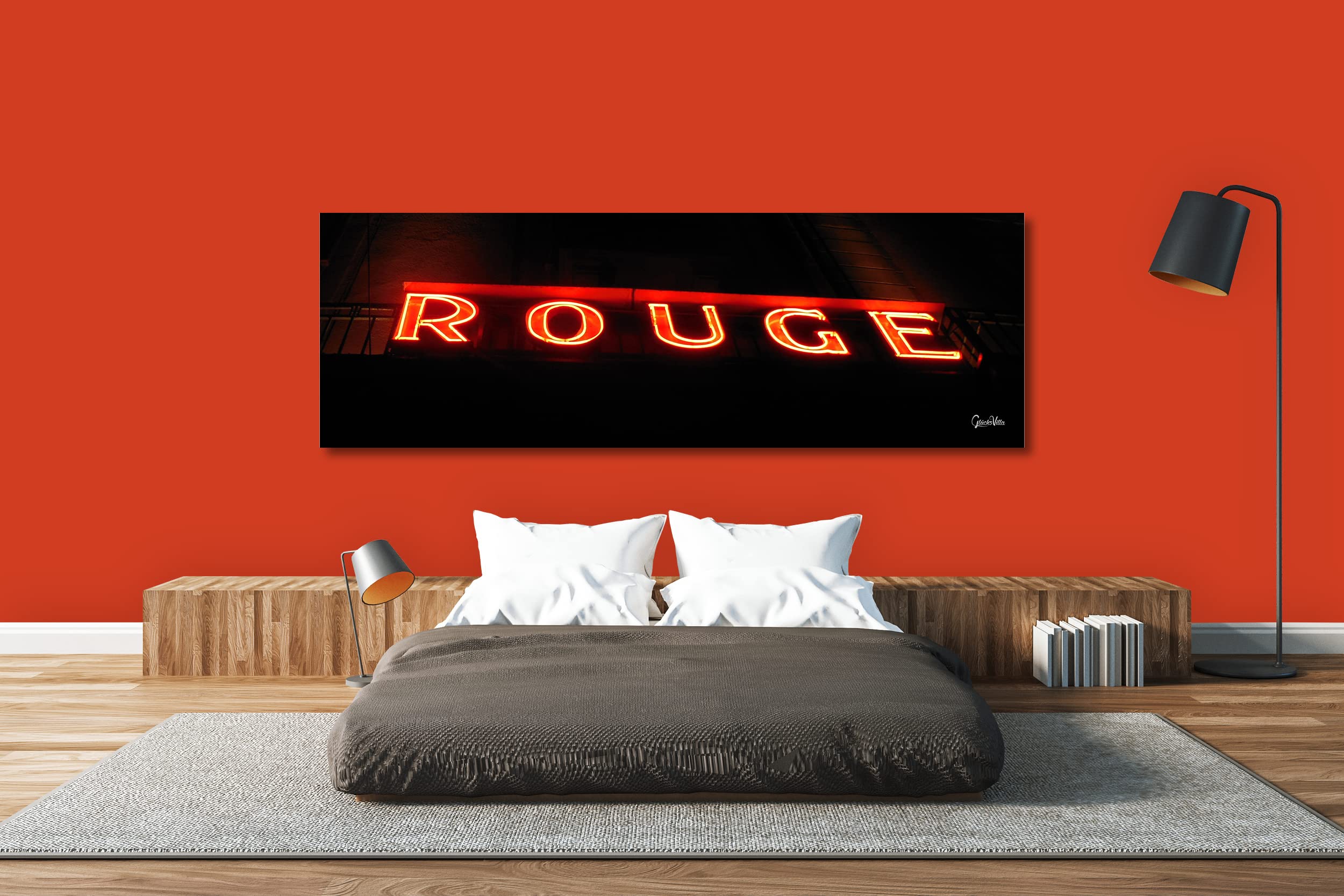 Glücksvilla - Rotes Rouge (Echtglas + Acryl 4 mm, 90 x 30 cm) | div. Maße - aus DE - Kunstdruck XXL Deko Wandbild quer - Hotel Reklame Leuchtschrift Schild Buchstabe