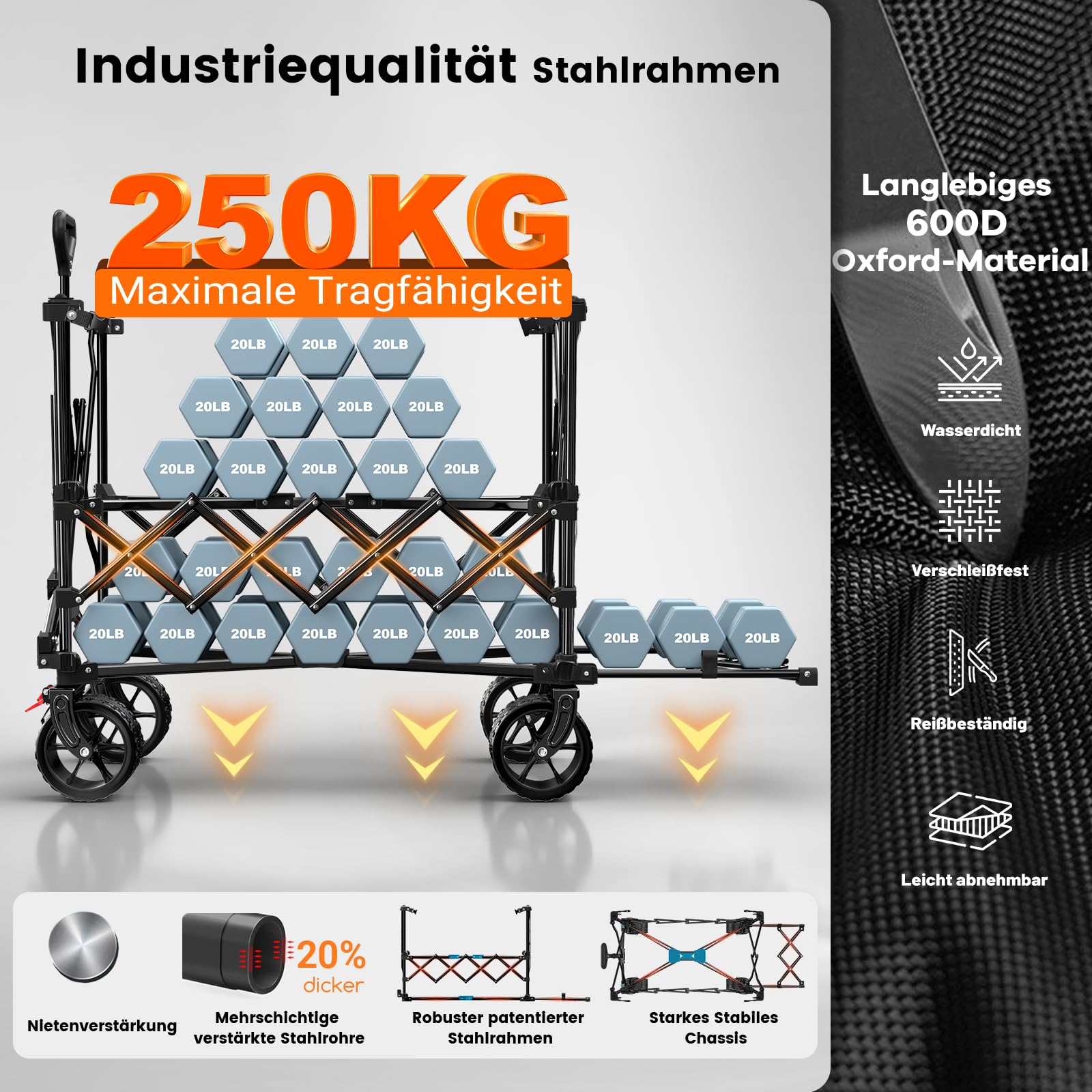 BTTN 400L Doppeldecker Bollerwagen Faltbar, Bremsen & Heckklappe, Schwarz | 250kg Traglast, 18×10cm All-Terrain-Räder, Ergonomiegriff, faltbarer Handwagen für Garten, Camping, Einkaufen, Picknick & Co.