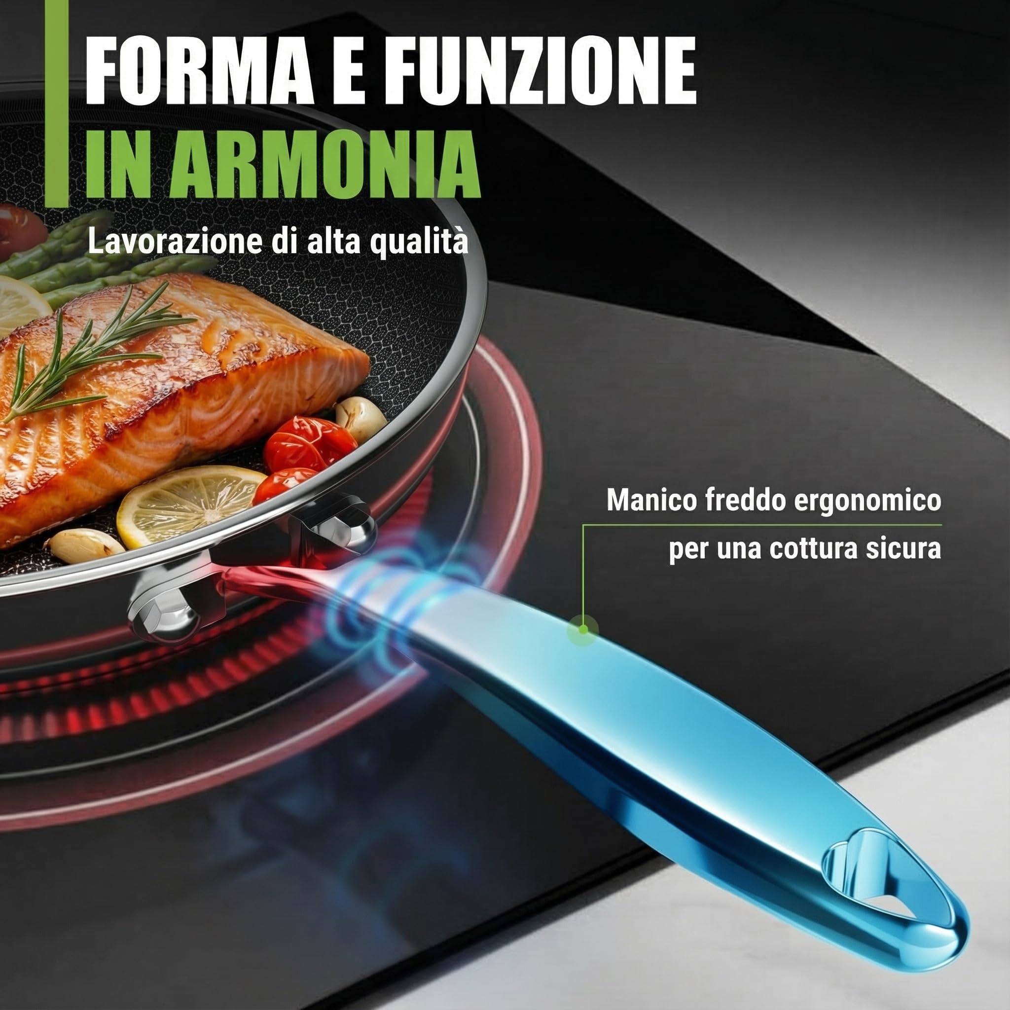 Padella in ceramica, 32 cm, resistente ai graffi, a 5 strati, 3 mm, 1,67 kg, per induzione, antiaderente, lavabile in forno e lavabile in lavastoviglie, senza PFAS e PTFE