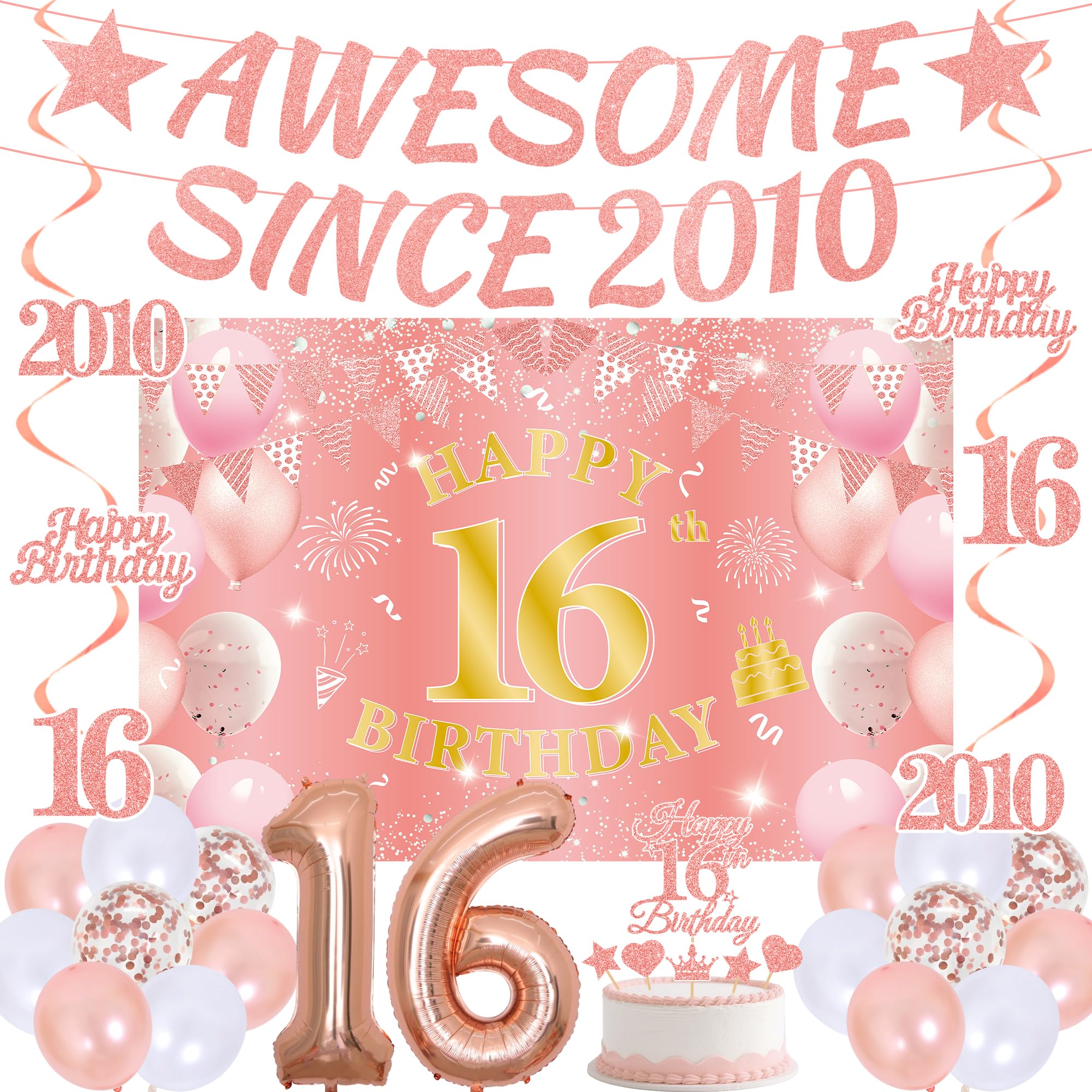16th Birthday Gift Decorations Girl - 33 Pcs Rose Rose Gold Awesome Since 2010 Banner Happy 16th Birthday Background Banner Balloons Hanging Swirls for Sixteen Years Old Party Supplies