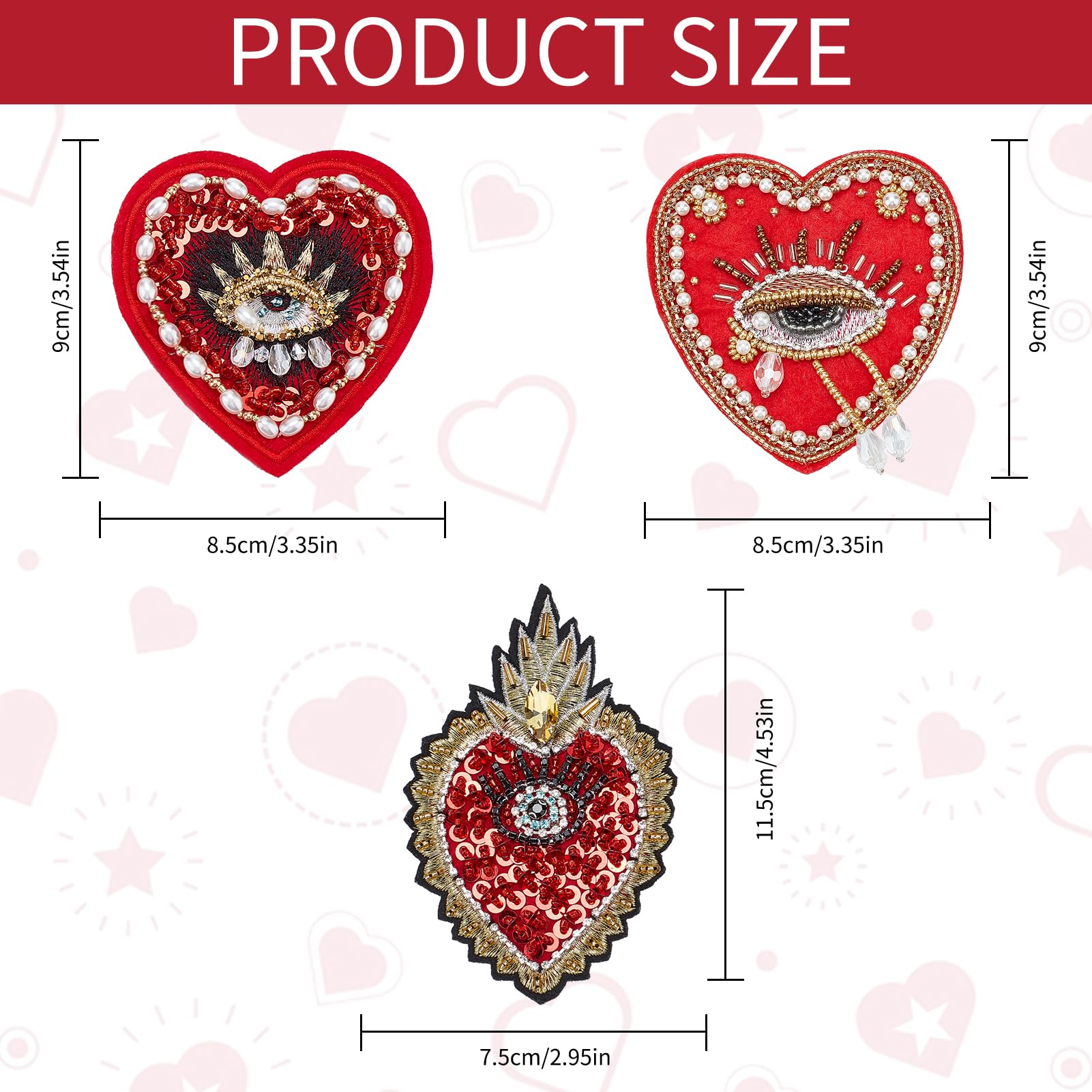 3 Patchs Appliqués Cœur Anti Mauvais Œil Perlés Paillettes – Patchs Couture DIY Rouge & Pêche, Strass Brillants Pour Vêtements & Accessoires