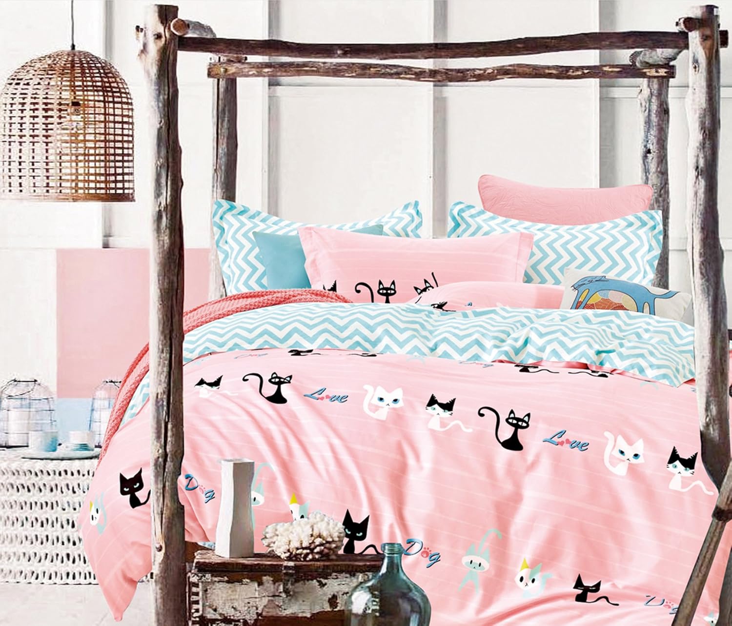 Cliab Pink Cat Bedding for Girls Full and Blue 100 Cotton 7 Pieces Home & Kitchen