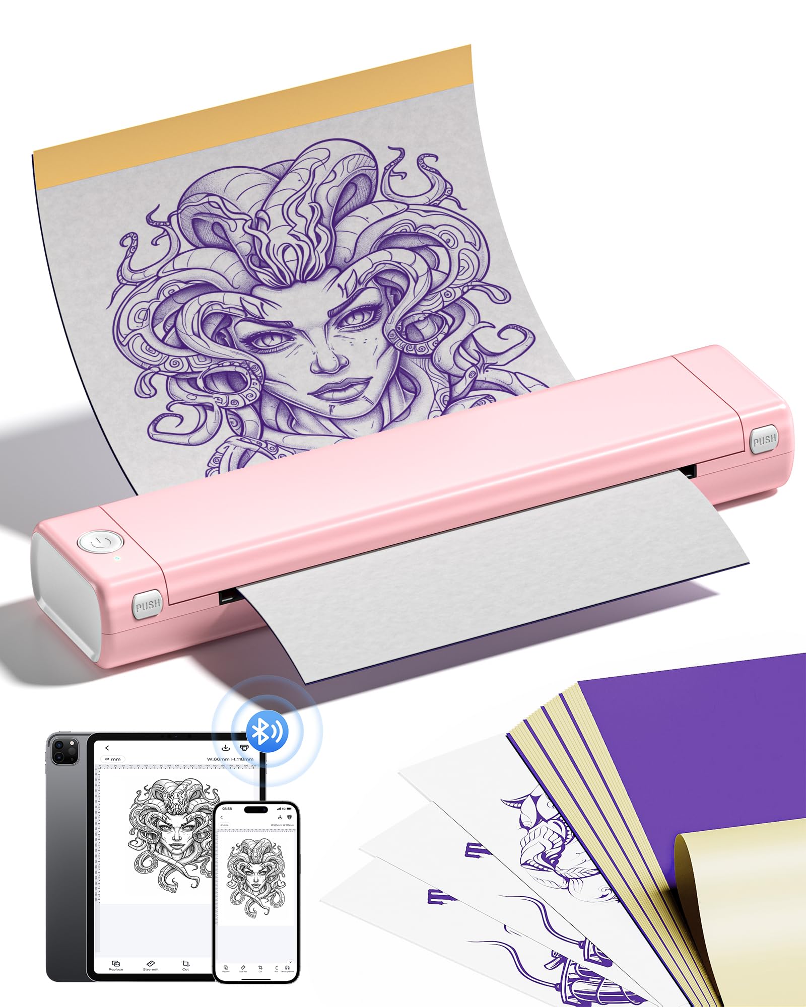 Itari M08F Stampante Stencil Tattoo - Copiatrice Stampante Tattoo Stencil con 10 Fogli di Carta da Trasferimento, Stampante Termica Bluetooth per Tatuaggi, Compatibile con Smartphone e PC, Rosa