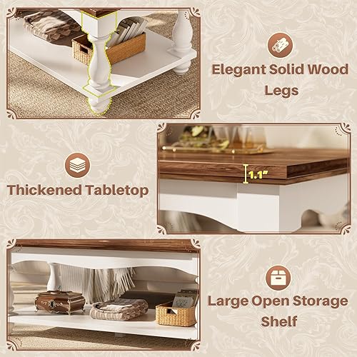 Miniatura 4 de Mesa de centro de granja con almacenamiento, mesas de centro de mediados de siglo para sala de estar, mesa auxiliar rectangular moderna de 2 niveles