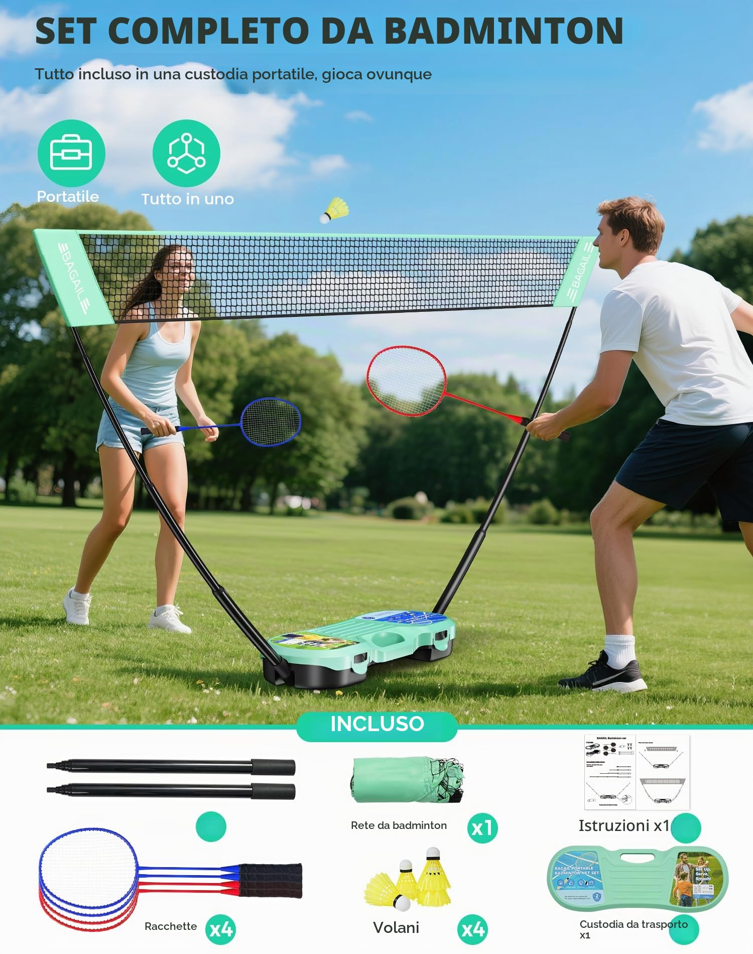 BAGAIL Set da Badminton Portatile - Borsa per riporre l'attrezzatura - Base autonoma - Installazione Rapida - Rete da Badminton con 4 Racchette e 4 volani per Giocare all'Interno e all'Esterno