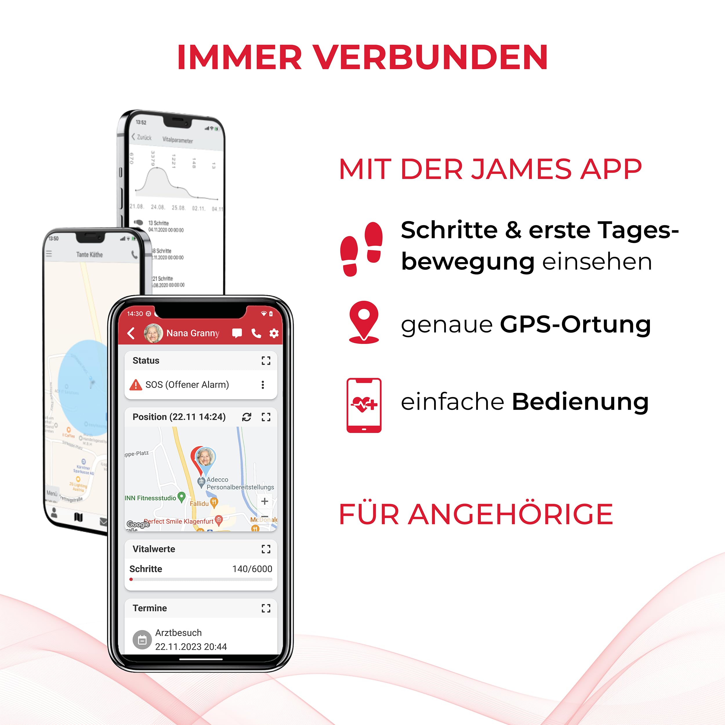 James R9 (schwarz) Notruf– GPS Ortung, Sturzerkennung, Notrufknopf, Gesundheitsfunktionen & Familien-App inkl. SIM (Schwarz, R9)