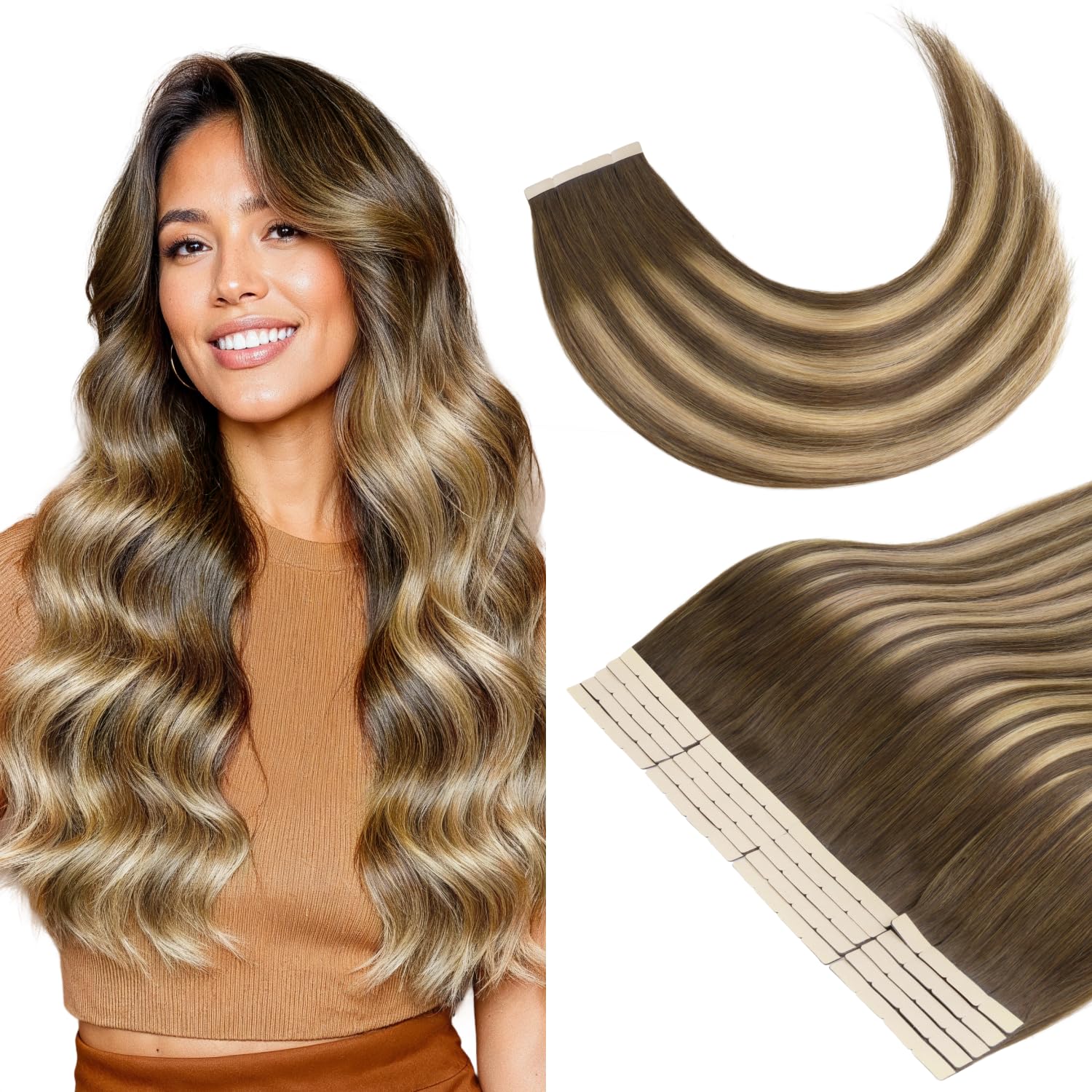 GOO GOO Tape in Hair Extensions Human Hair, 16inch 20pcs 100g, Balayage Chocolate Brown to Caramel Blonde Real Remy Hair