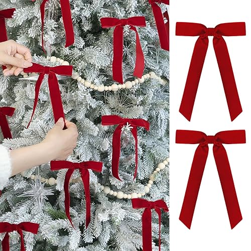 24 Pcs Red Vintage Velvet Christmas Bows Ornaments - 5
