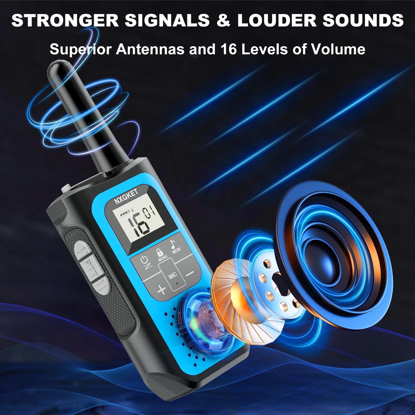 Walkie Talkie per Adulti Bambini, NXGKET Walky Talky Ricaricabile, Lungo Raggio Radio a 16 Canali con Batteria Agli ioni di Litio, Cavo USB-C, VOX per Campeggio e Escursionismo, Set da 2 Pezzi