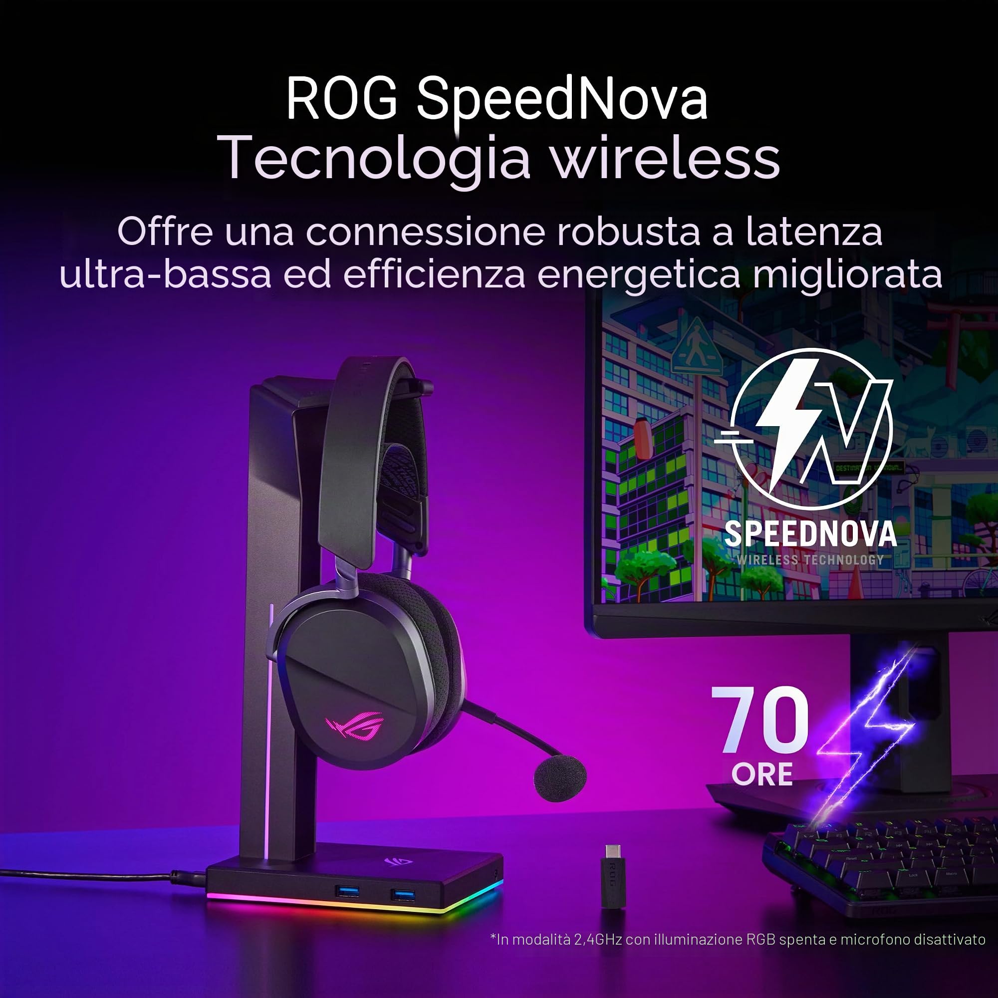 ASUS ROG Pelta - Cuffie da gioco wireless (BT, ROG SpeedNova 2,4 GHz, USB-C, leggero 309 g, driver ROG placcati in titanio 50 mm, micro super banda 10 mm, RGB, 70 HR, per PC, Switch, PS5) - Nero