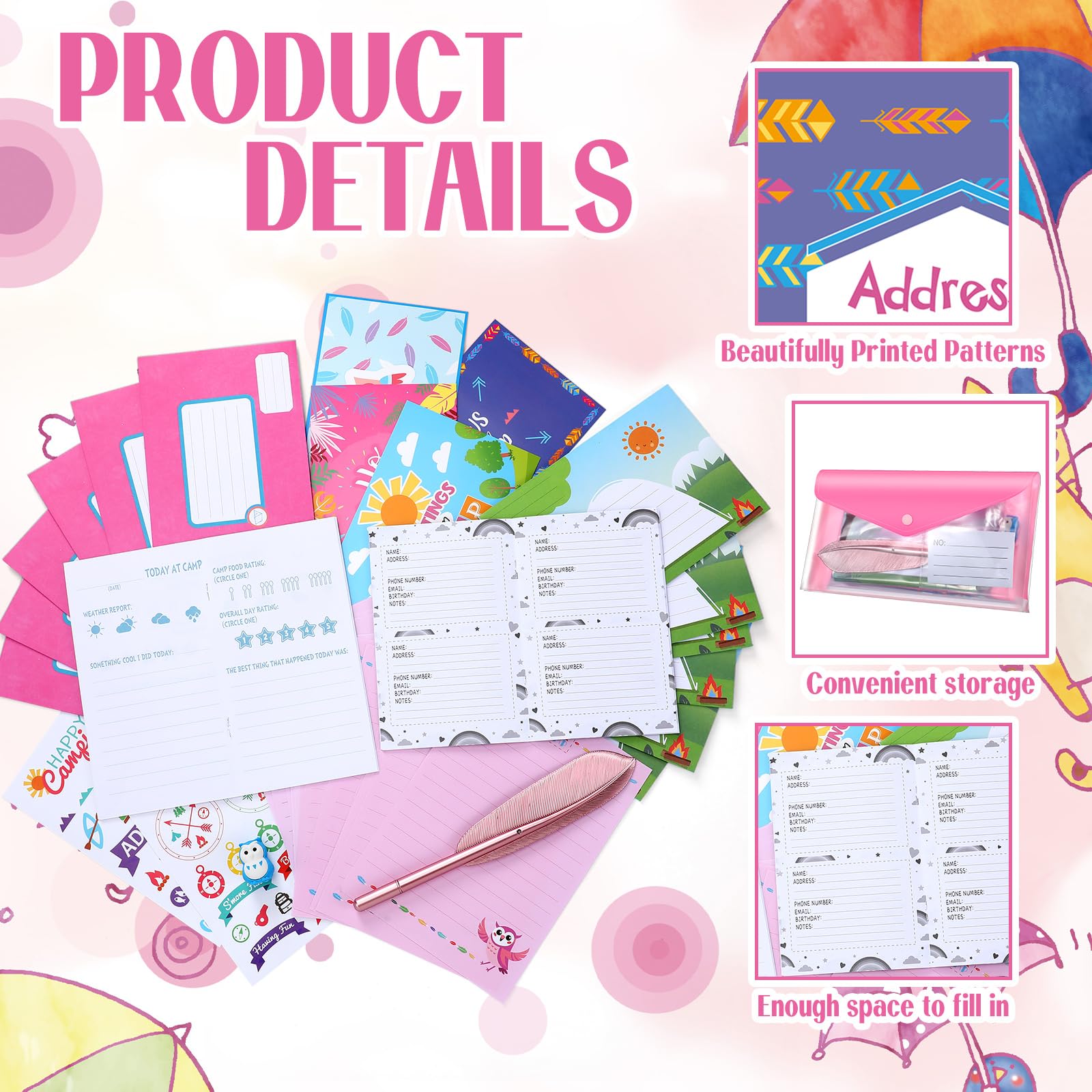 Fullhawl Juego de papelería de 51 piezas de aventuras en el campamento, kit de papelería de campamento de verano, incluye carta de papel, sobre adhesivo, postal, libro de actividades de campamento