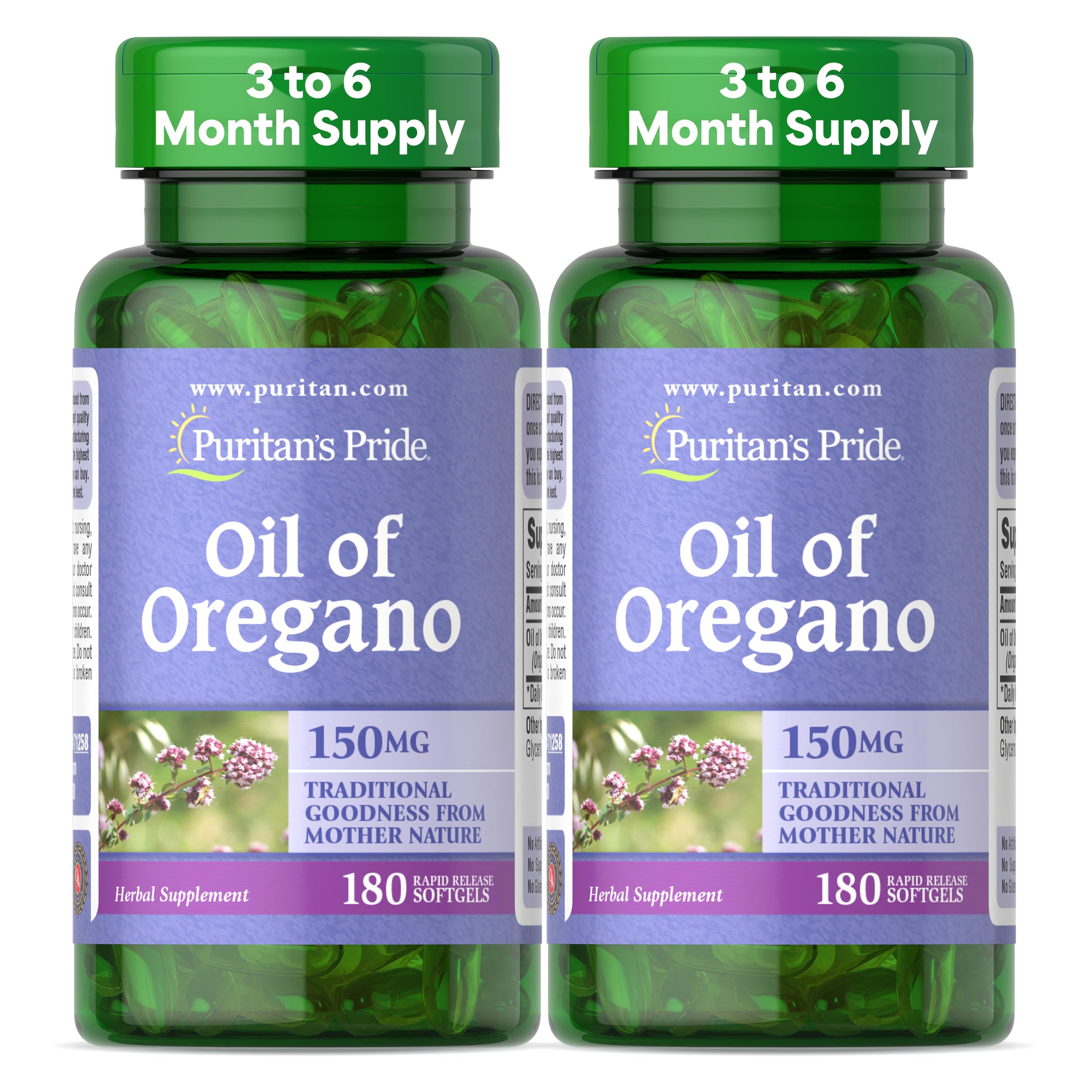 Puritan's Pride Oil of Oregano 150mg, Traditional Herbal Immune Support, 180 Rapid Release Softgels, Pack of 2