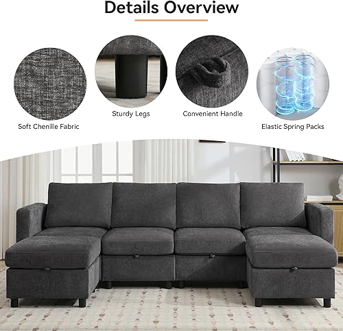 Miniatura 3 de Juego de sofá modular modular de 107 pulgadas en forma de U con almacenamiento para sala de estar, moderno sofá modular de 6 plazas con otomana