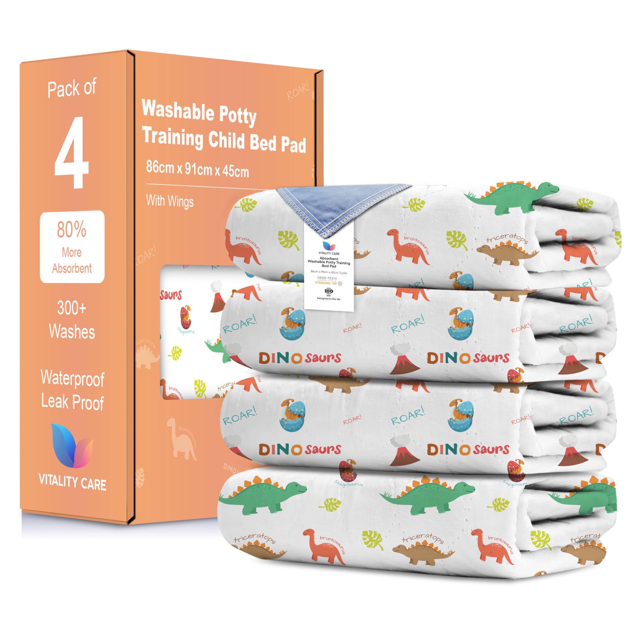 Vitality Care Washable Potty Training Bed Pads for Single Toddler Beds, Non-Slip Waterproof Bed Wetting Sheets with 5-Layer Protection, Dinosaur Design, Single