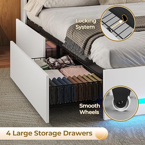 Miniatura 6 de VIAGDO Base de cama Queen con cabecera de estantería, marco de cama de madera tamaño Queen con estación de carga, 4 cajones de almacenamiento y