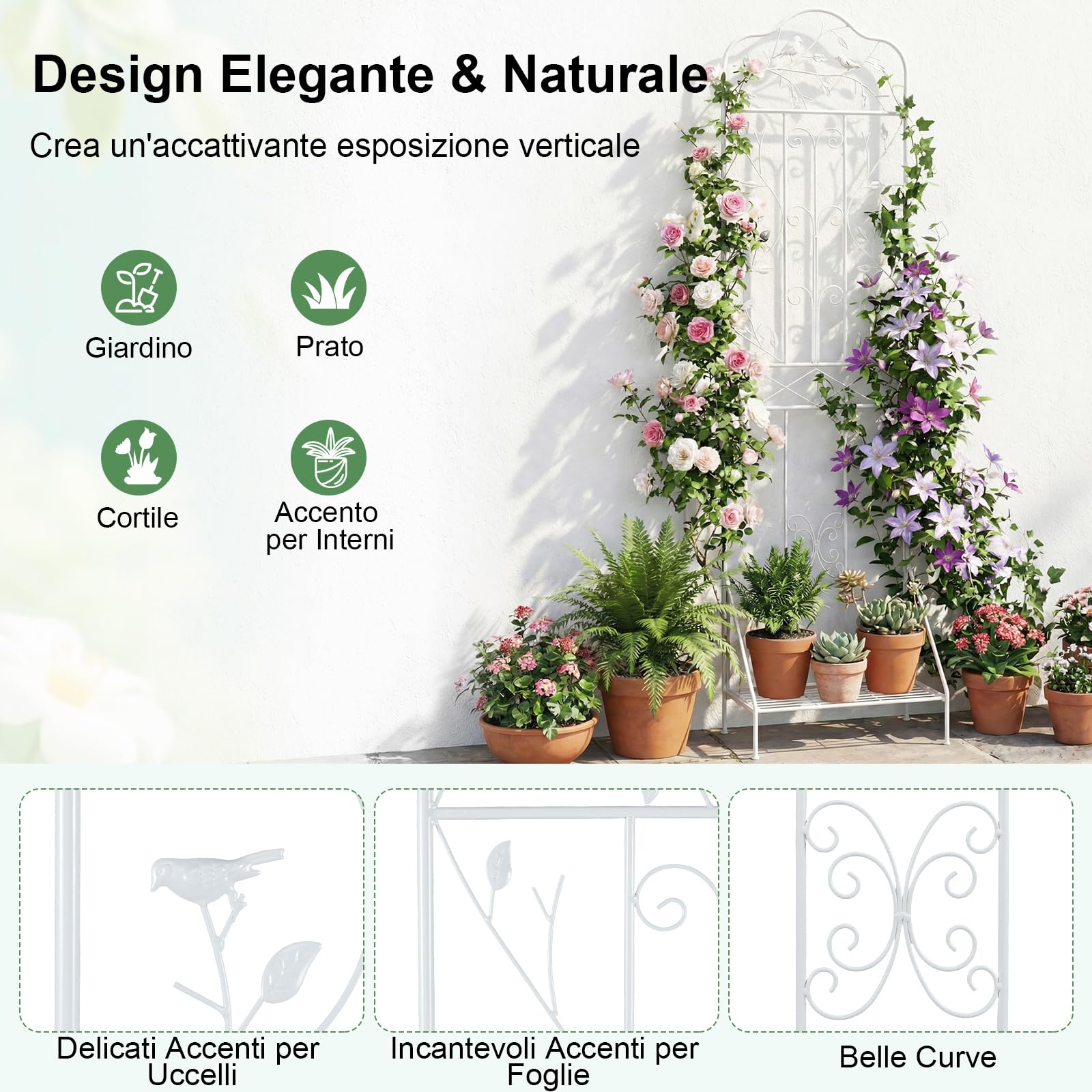 GYMAX Traliccio per Rampicanti in Metallo con Ripiano Pieghevole, Grigliato da Giardino per Recinzione 189,5 x 50 cm, Graticcio Decorativo per Piante Rampicanti per Giardino, Cortile (Bianco,1)