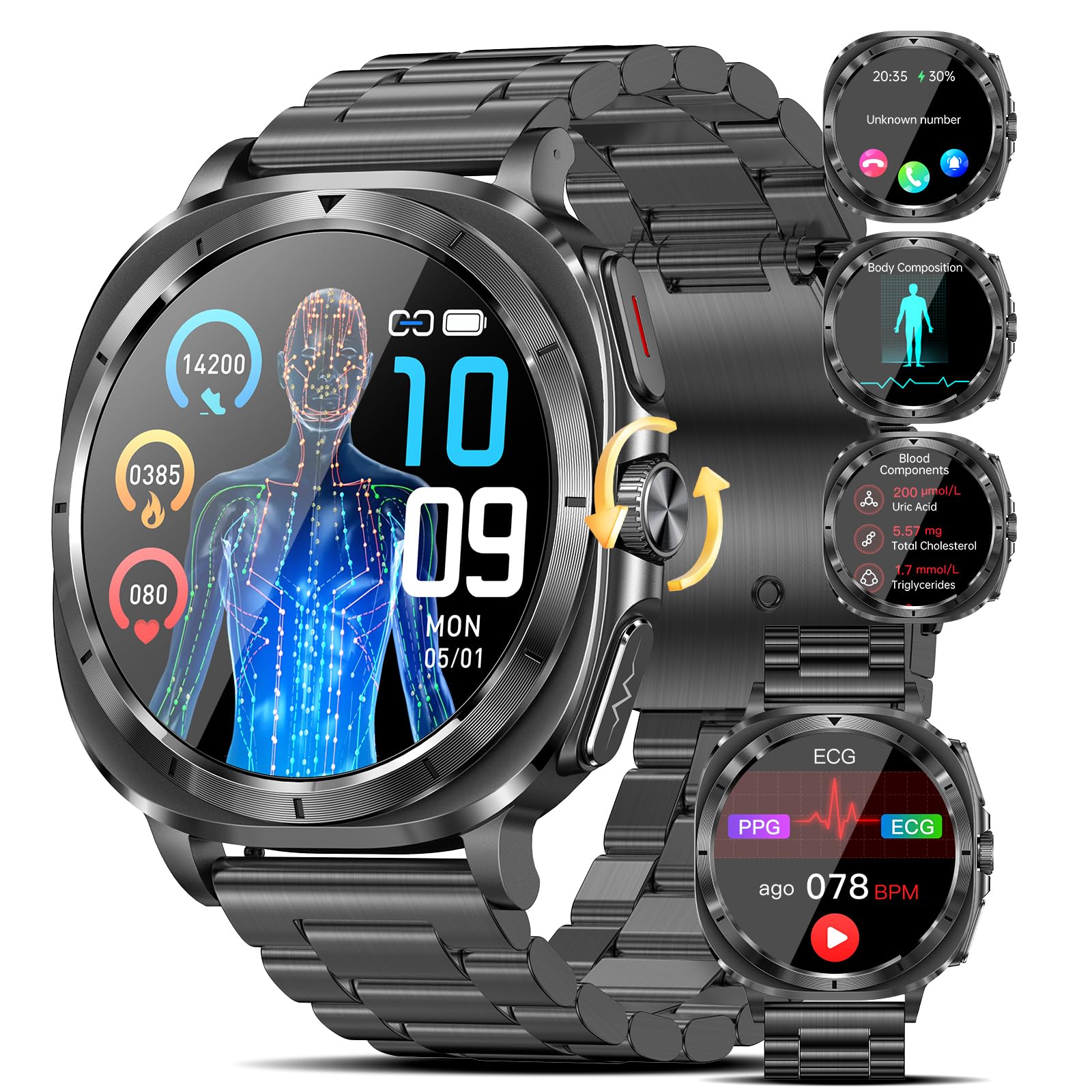 Reloj Inteligente con ECG/šš„š®ššØš¬š/HRV/Ćcido Ćrico/LĆpidos/BMI/Presión Arterial/Temperatura Corporal, 1.43" AMOLED Salud Smartwatch con NFC Abre La Puerta, Botón de SOS, SueƱo para Android iOS