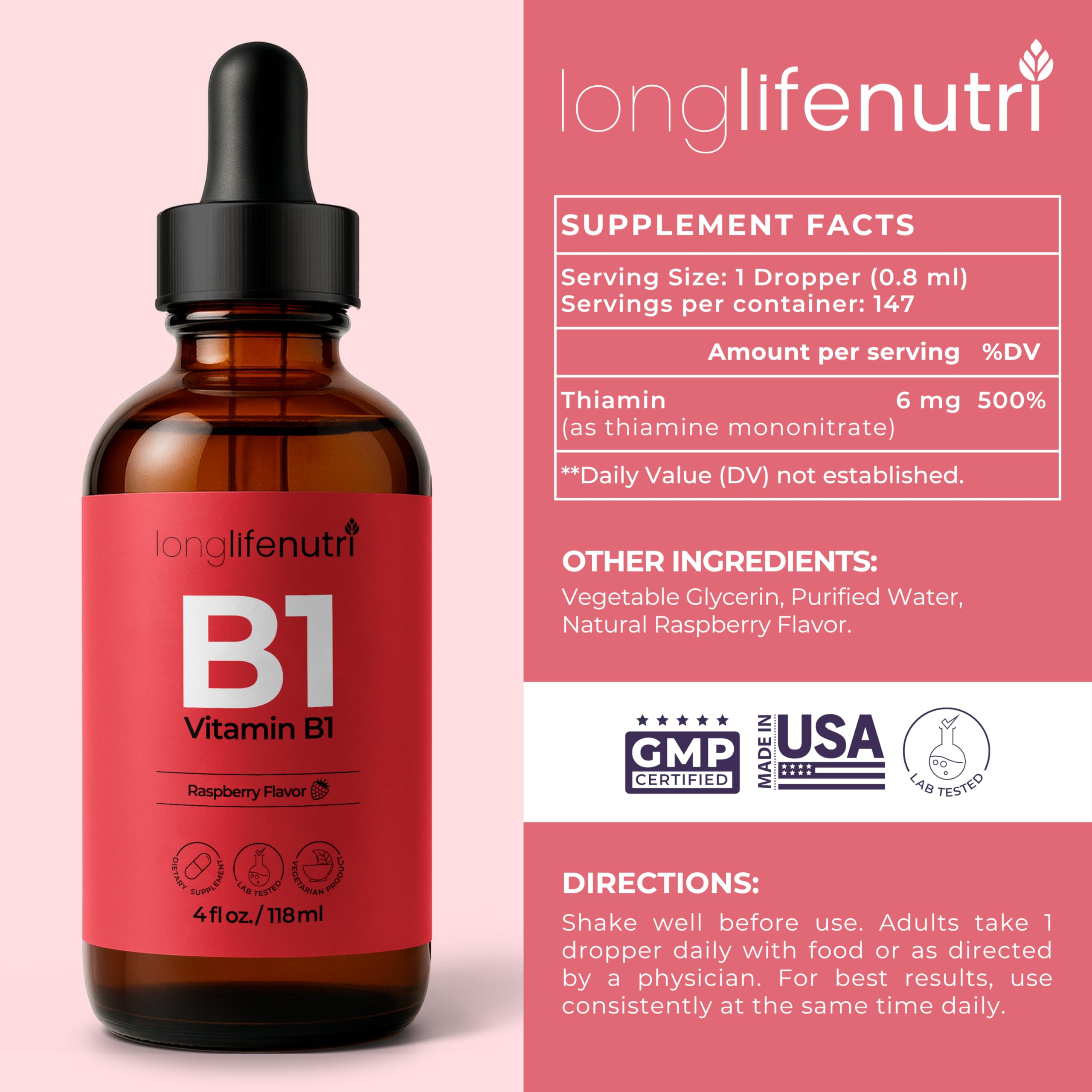 LongLifeNutri Vitamin B1 Drops 6mg, 4 FL OZ, About 5-Month Supply — Amazon image 3